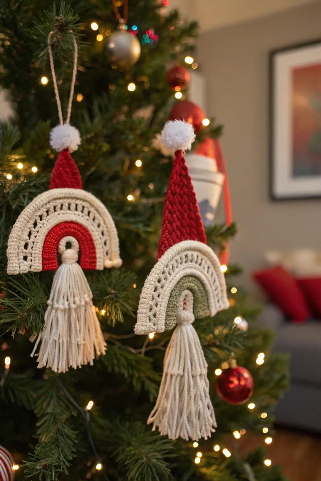Add festive cheer with macrame Santa hat ornaments.