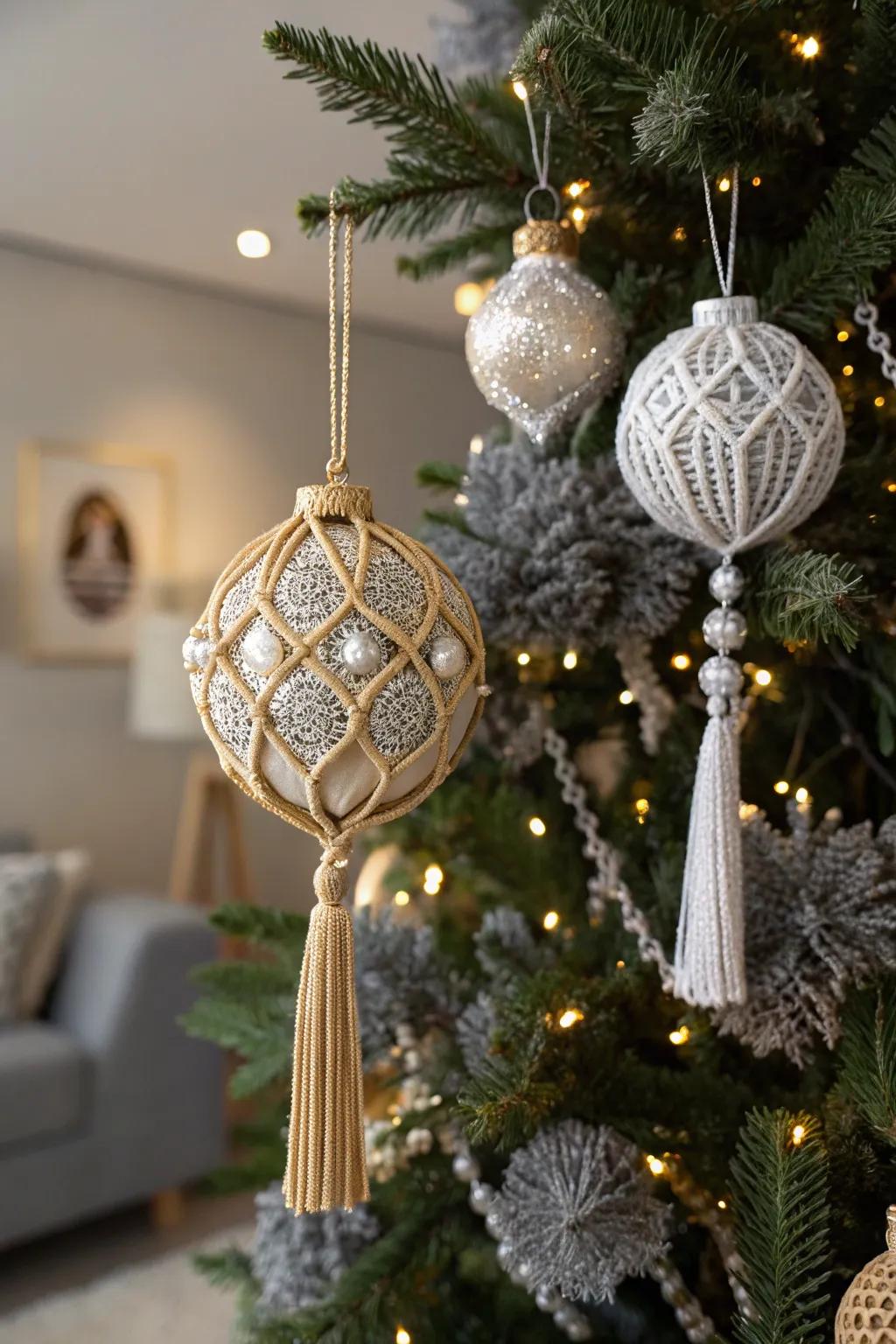 Elevate your tree with macrame bauble ornaments.