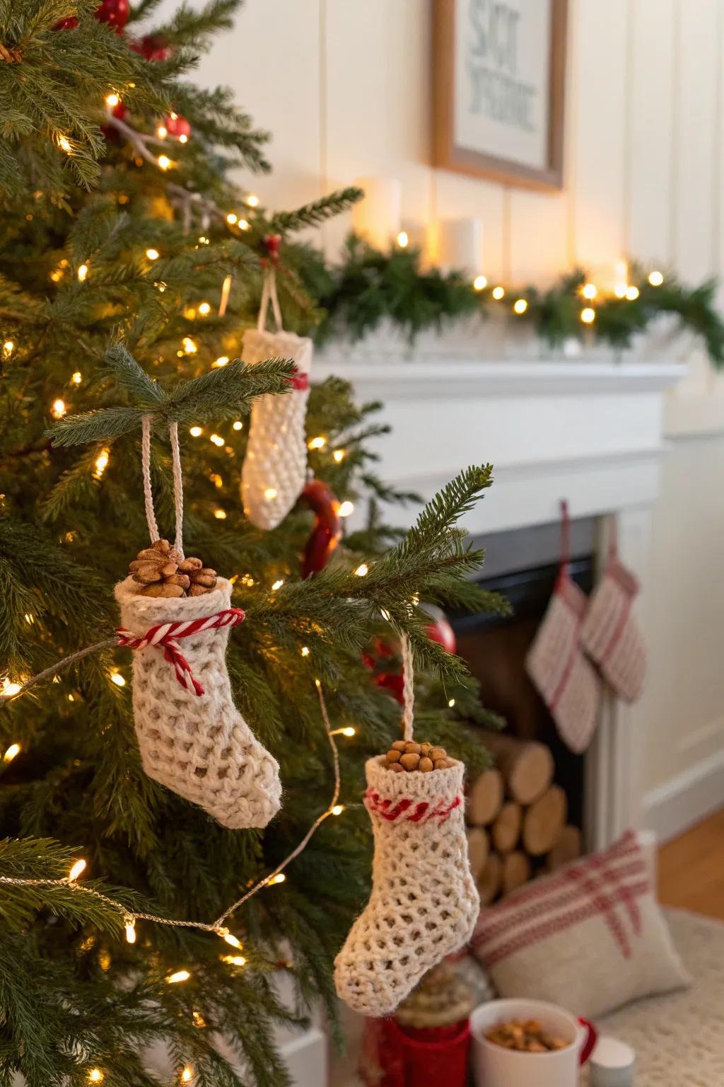 Add warmth with mini macrame stocking ornaments.