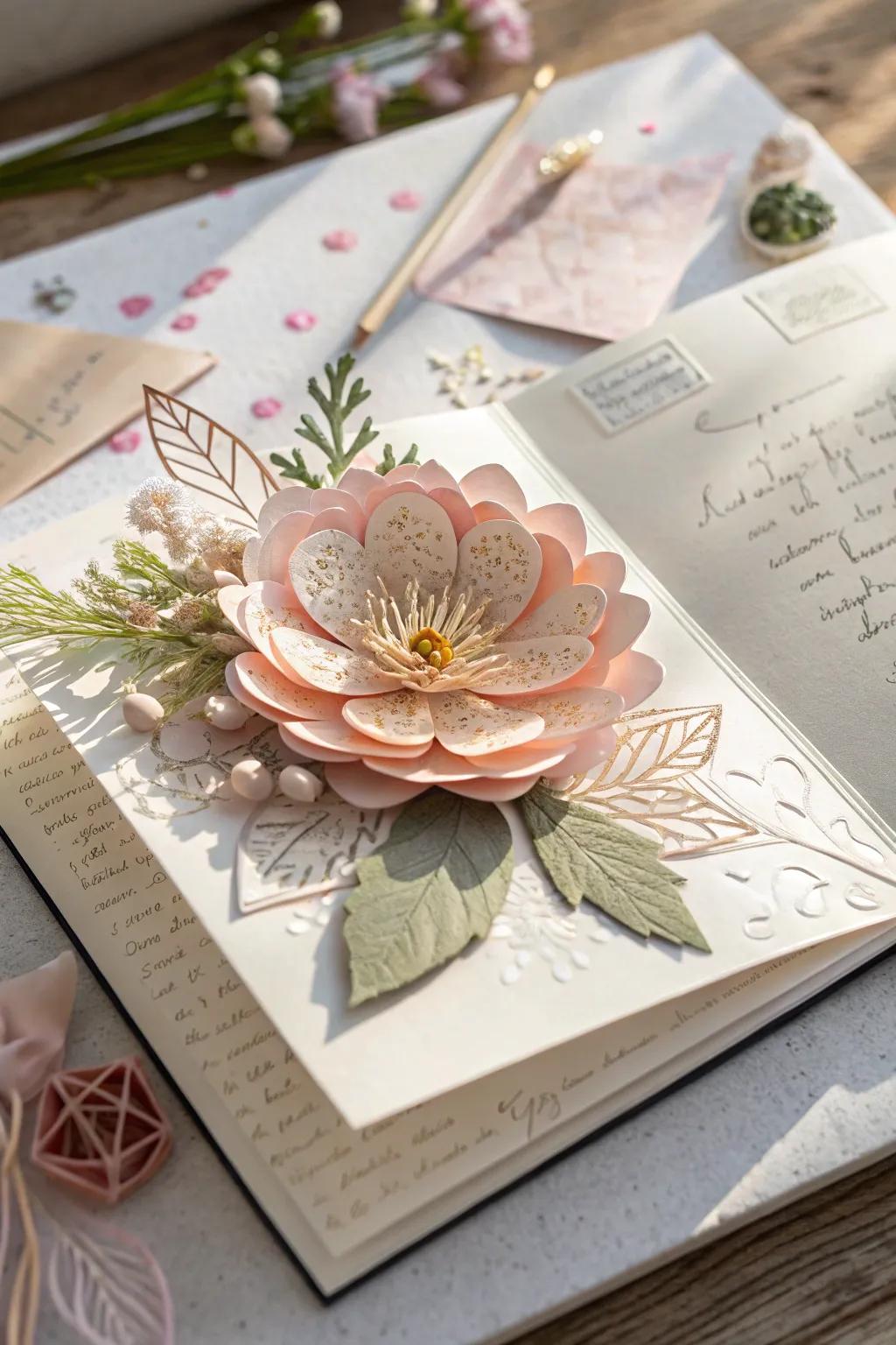 Introduce a playful pop-up floral design for a delightful surprise in your scrapbook.