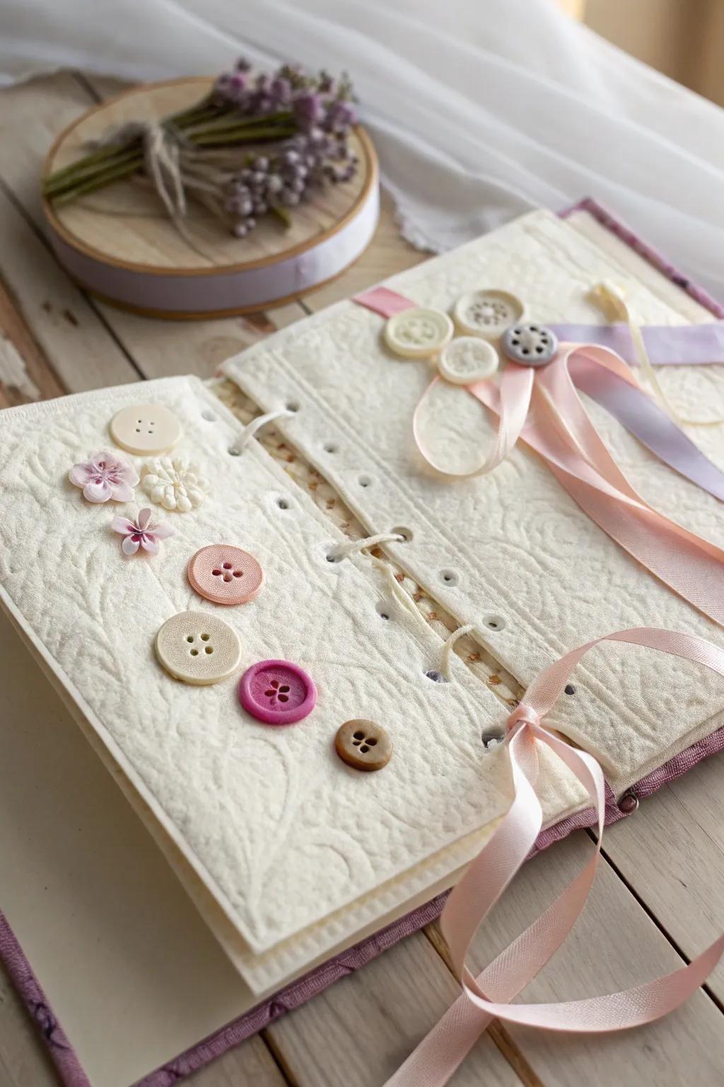 Add whimsical charm with ribbons and buttons, creating a tactile scrapbook experience.