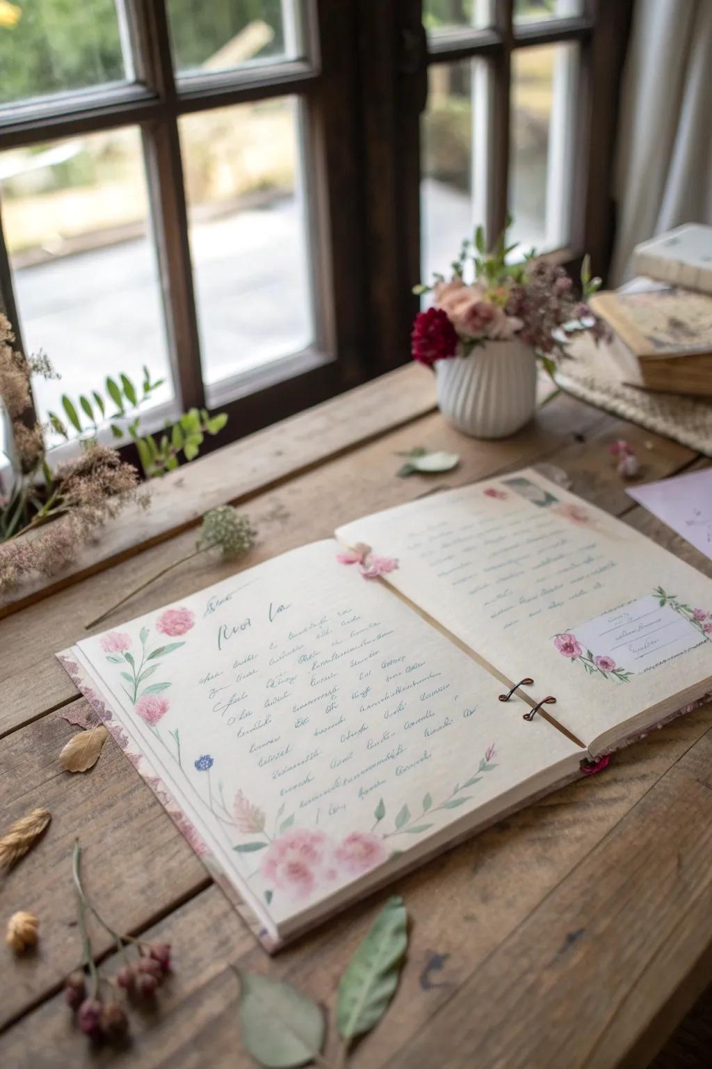 Add heartfelt handwritten notes to personalize your scrapbook with genuine emotion.