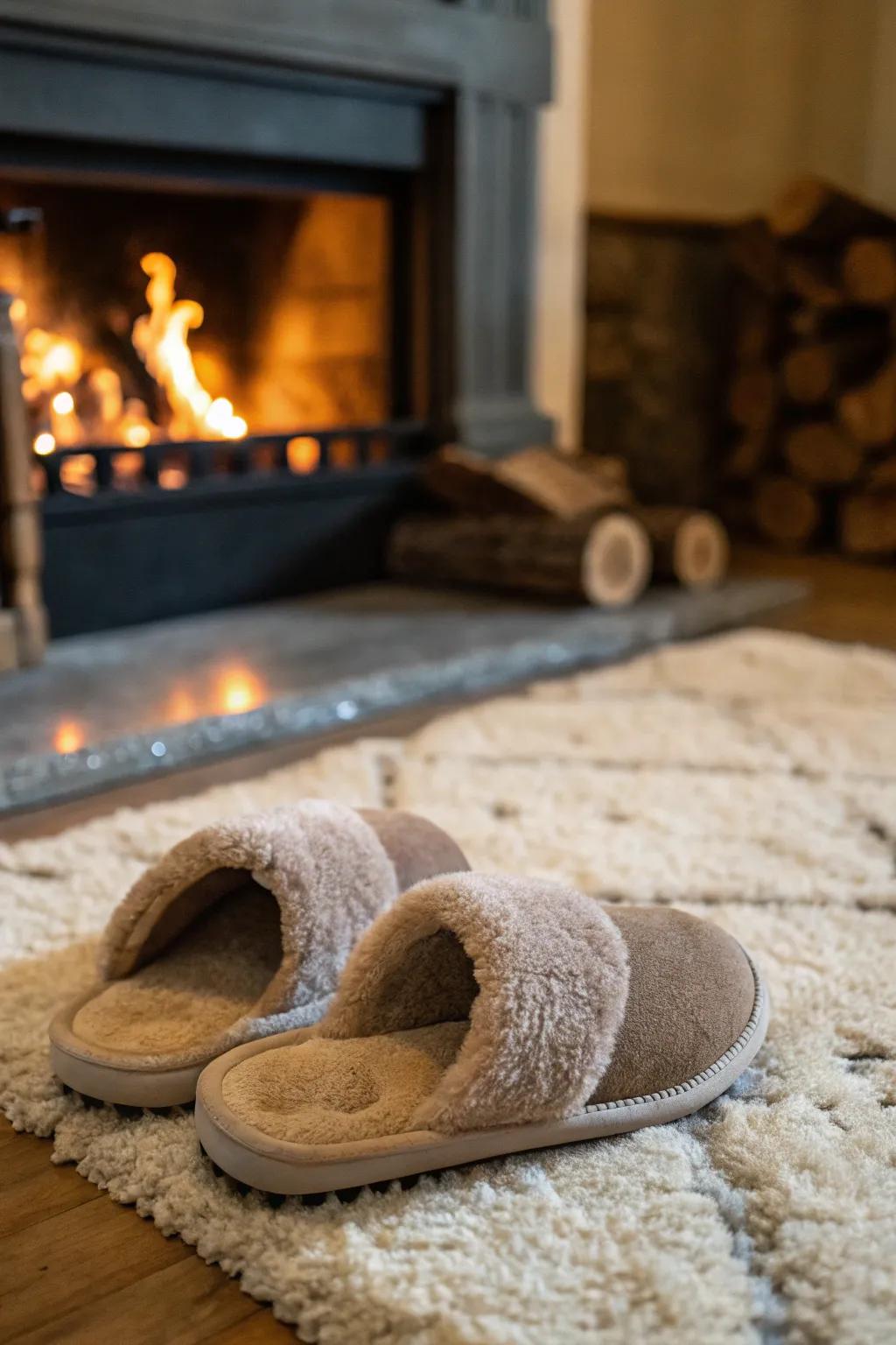 Plush fleece slippers offer cozy comfort for unwinding at home.