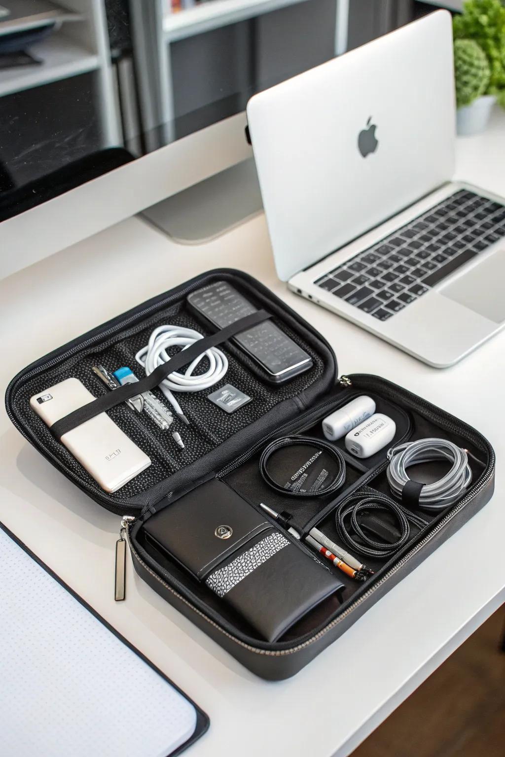 Tech organizer cases keep devices and accessories neatly arranged.
