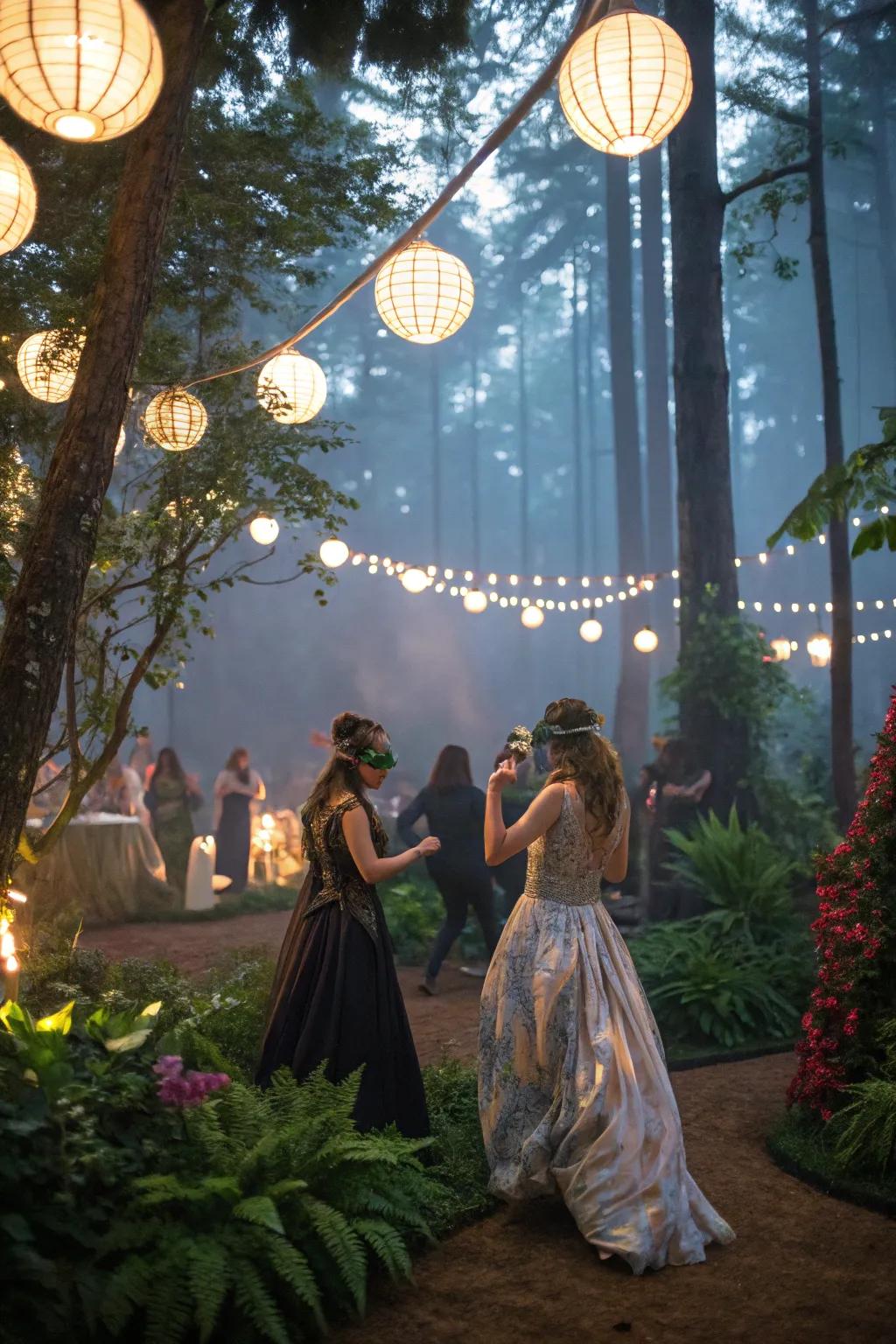 Create a mystical setting with an enchanted forest masquerade.