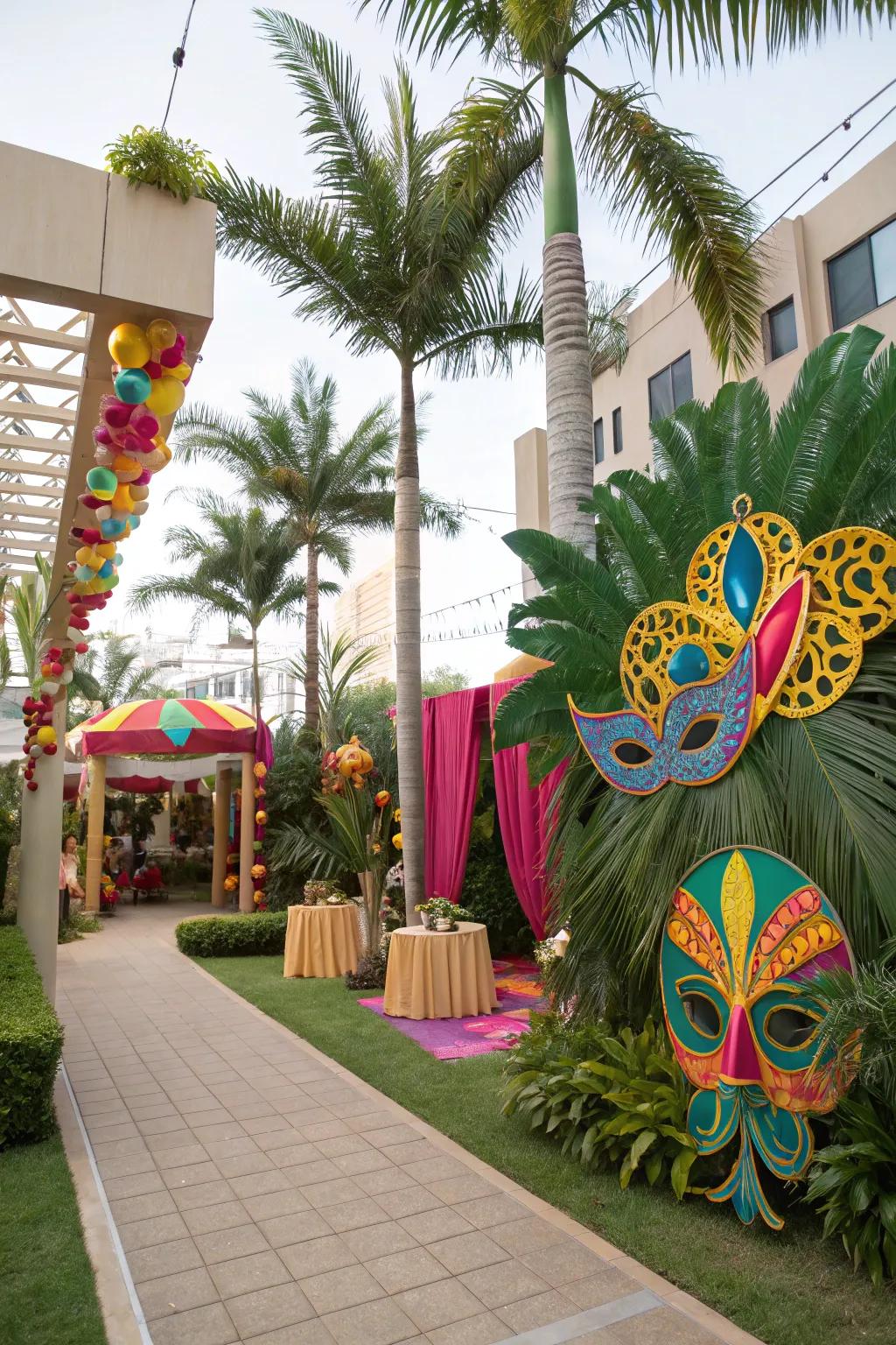 Escape to a tropical paradise with a vibrant masquerade.