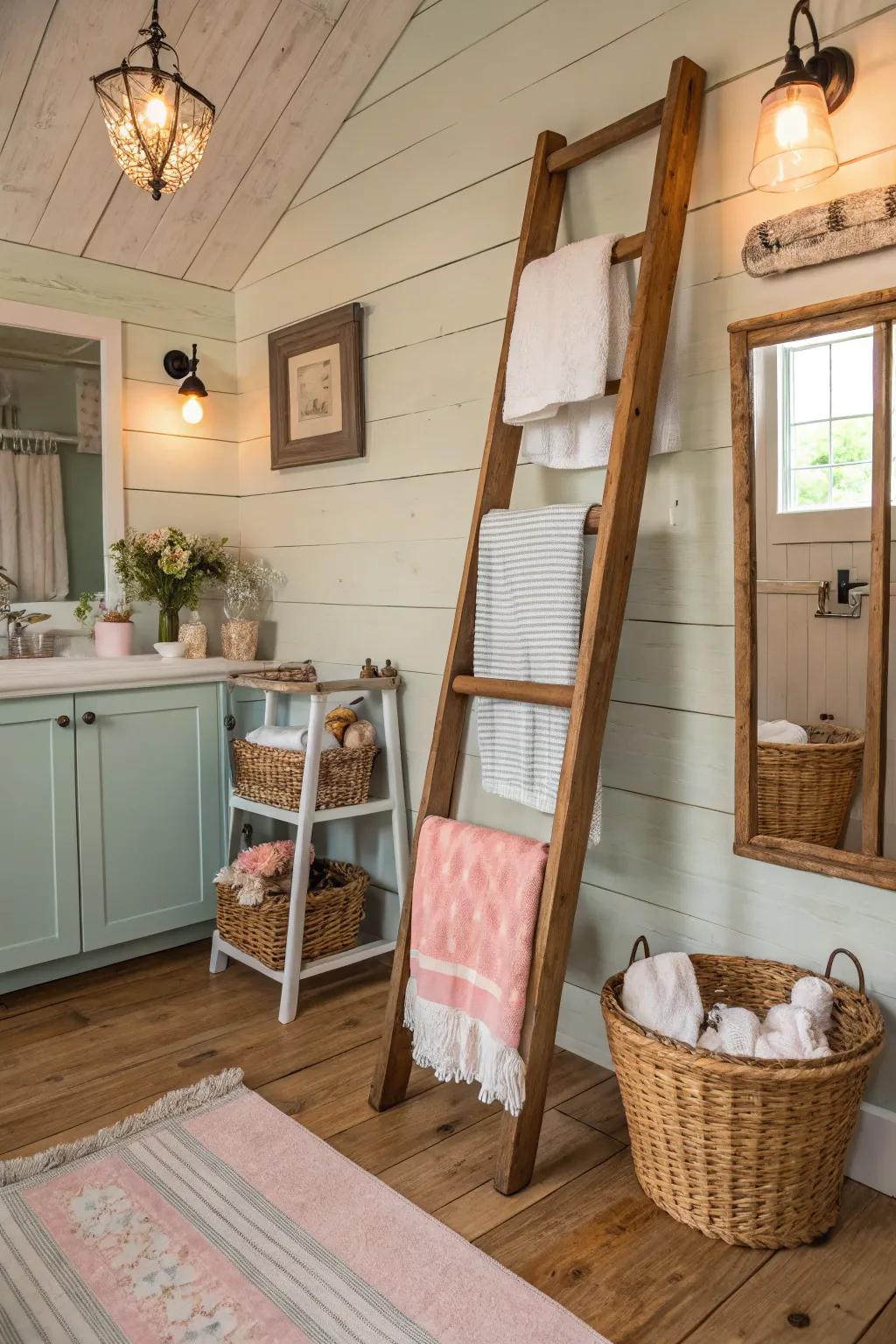 Farmhouse ladder towel rack adding rustic appeal.