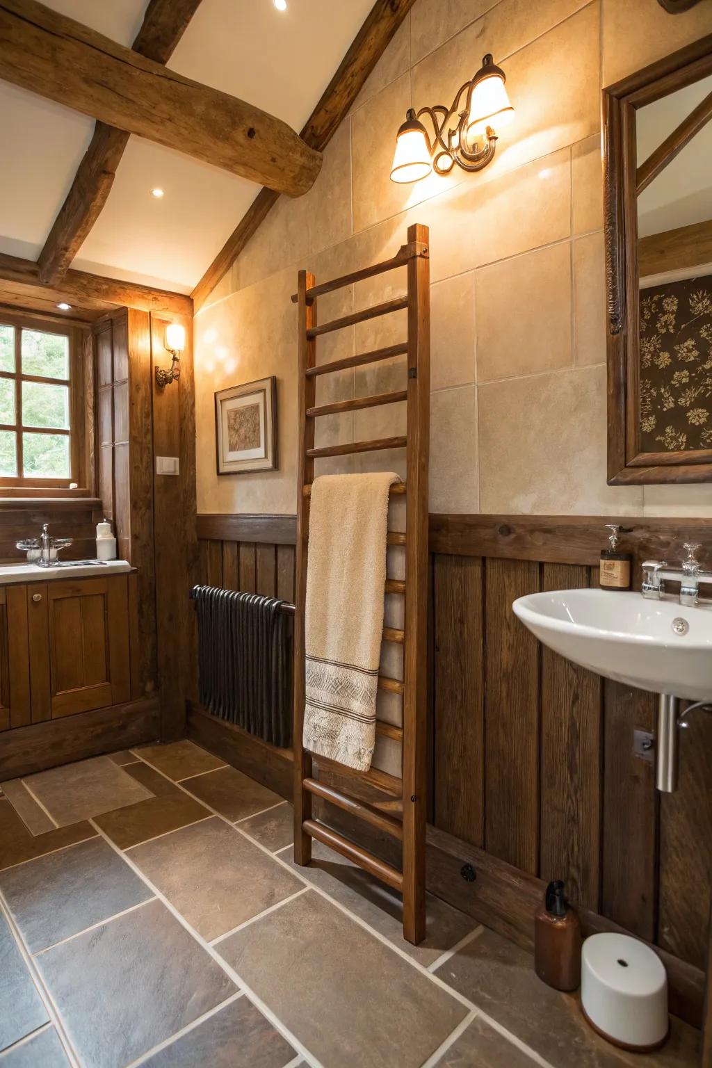 Elegant leather and wood towel rack.