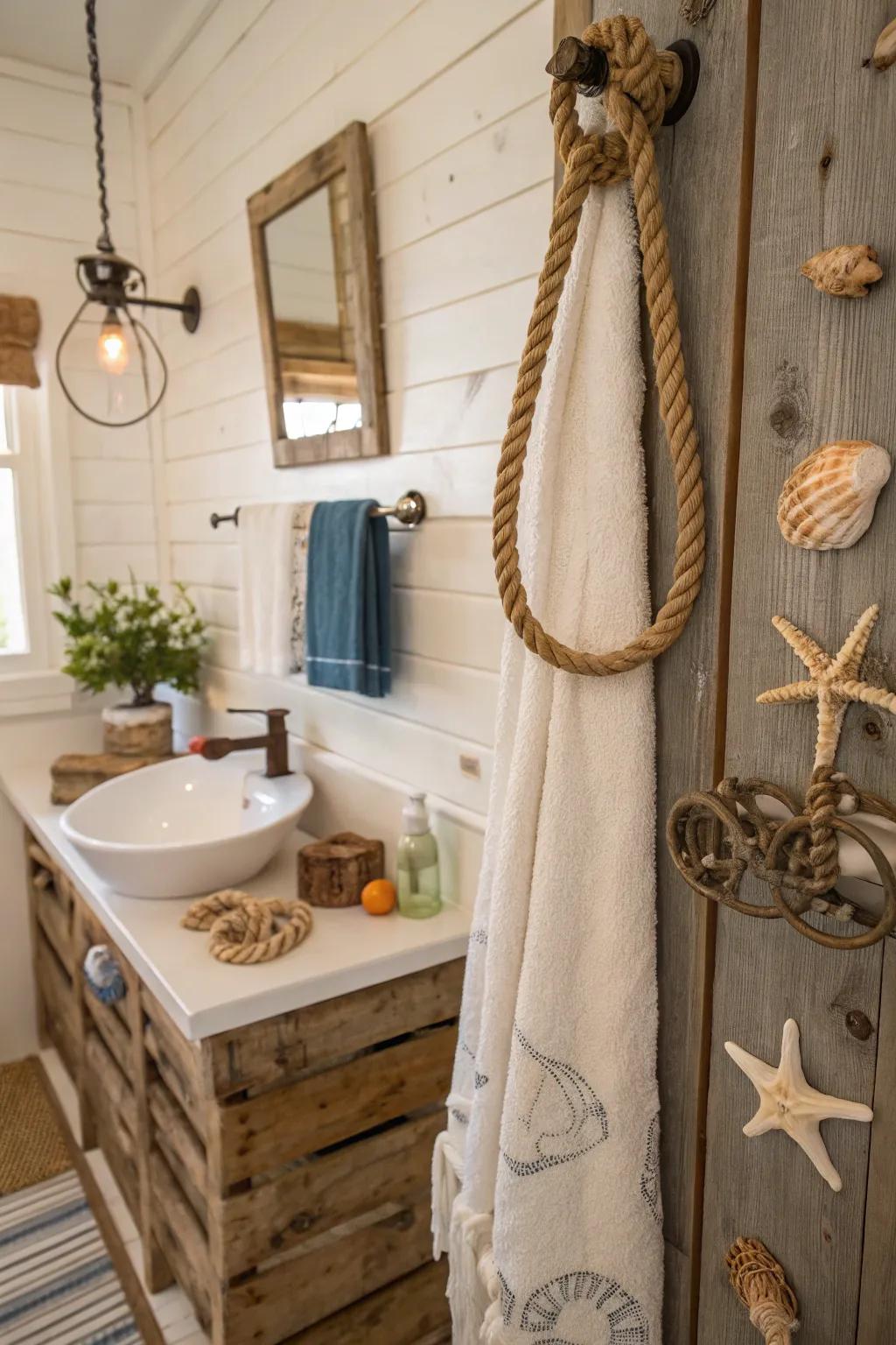 Nautical rope towel holder with rustic charm.