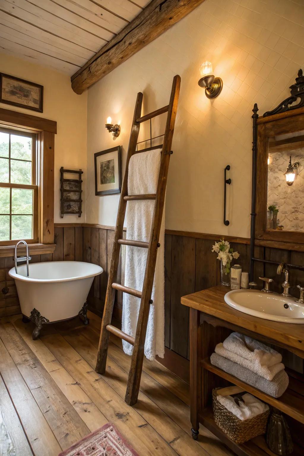 Antique ladder repurposed as towel rack.