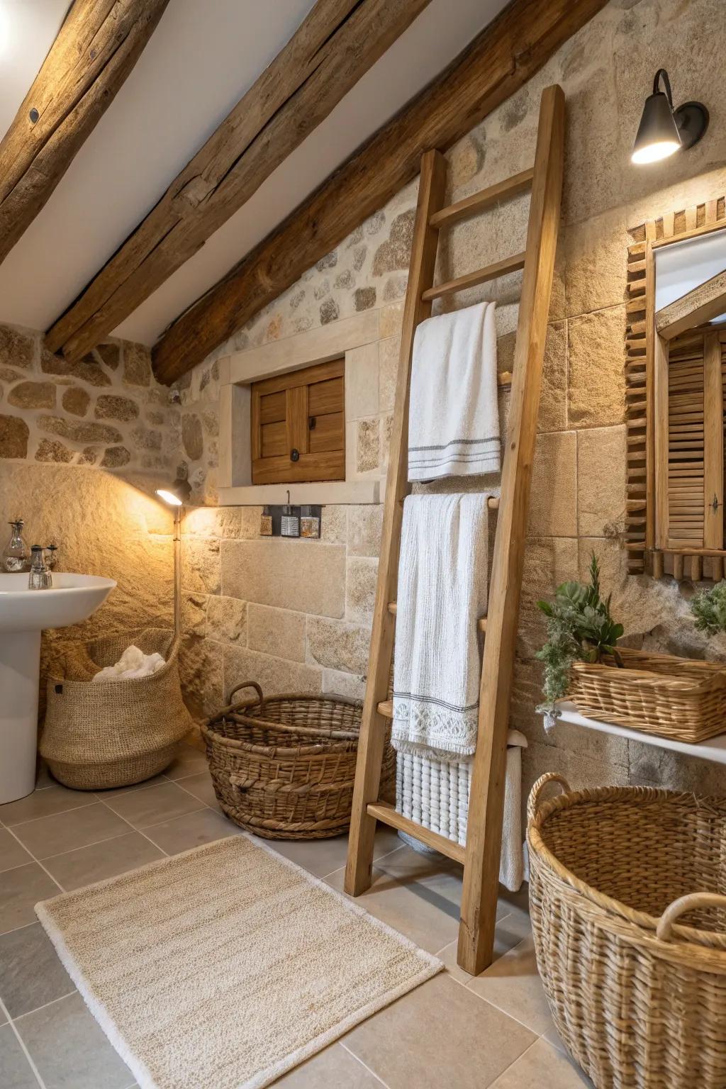 Light wicker towel rack with rustic appeal.