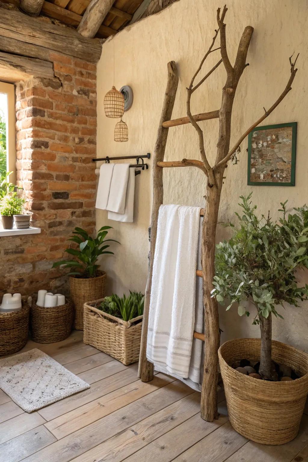 Natural tree branch towel rack.