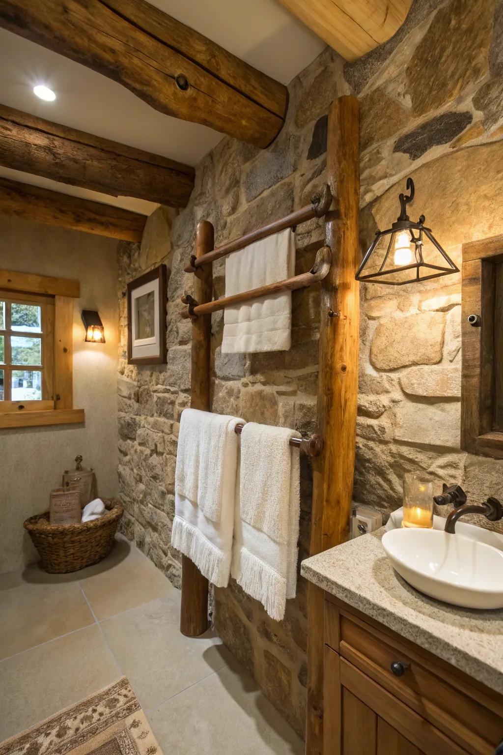 Sturdy wooden beam towel rack.