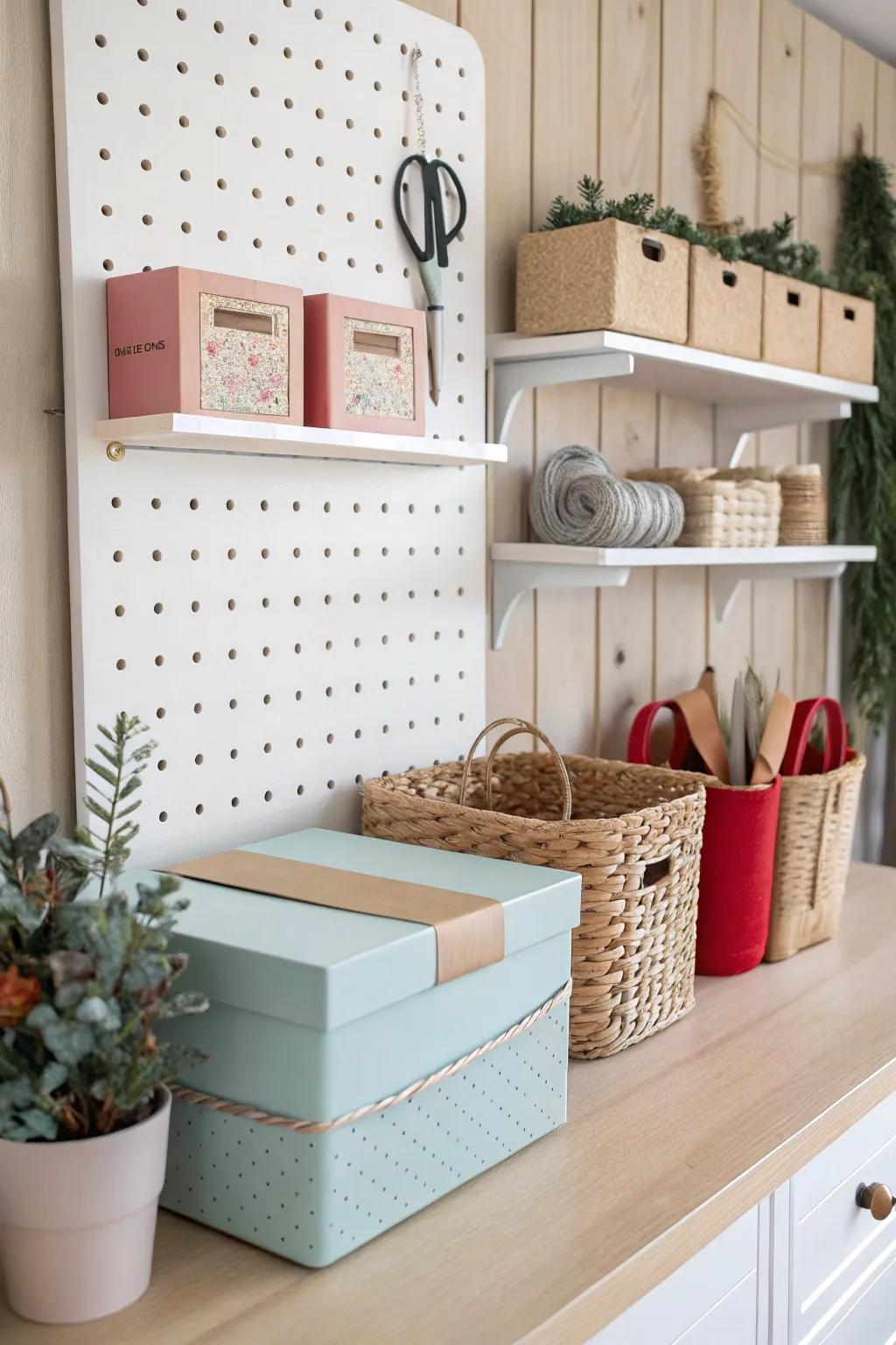 Color-coded gift wrapping station for easy organization