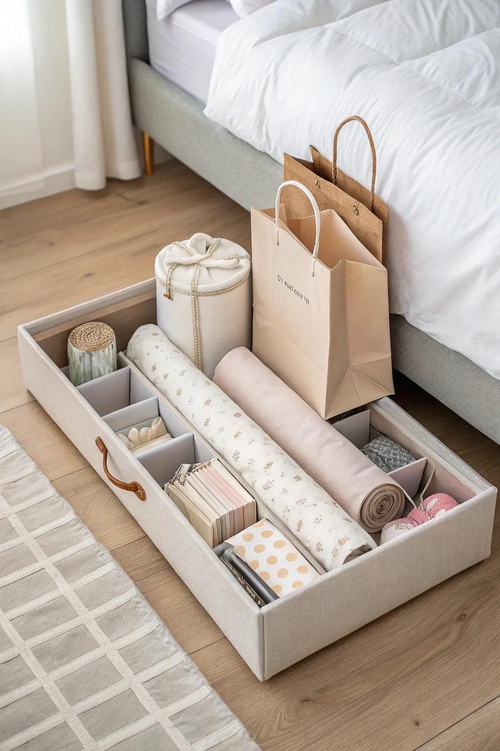 Under-bed storage containers for gift wrapping supplies