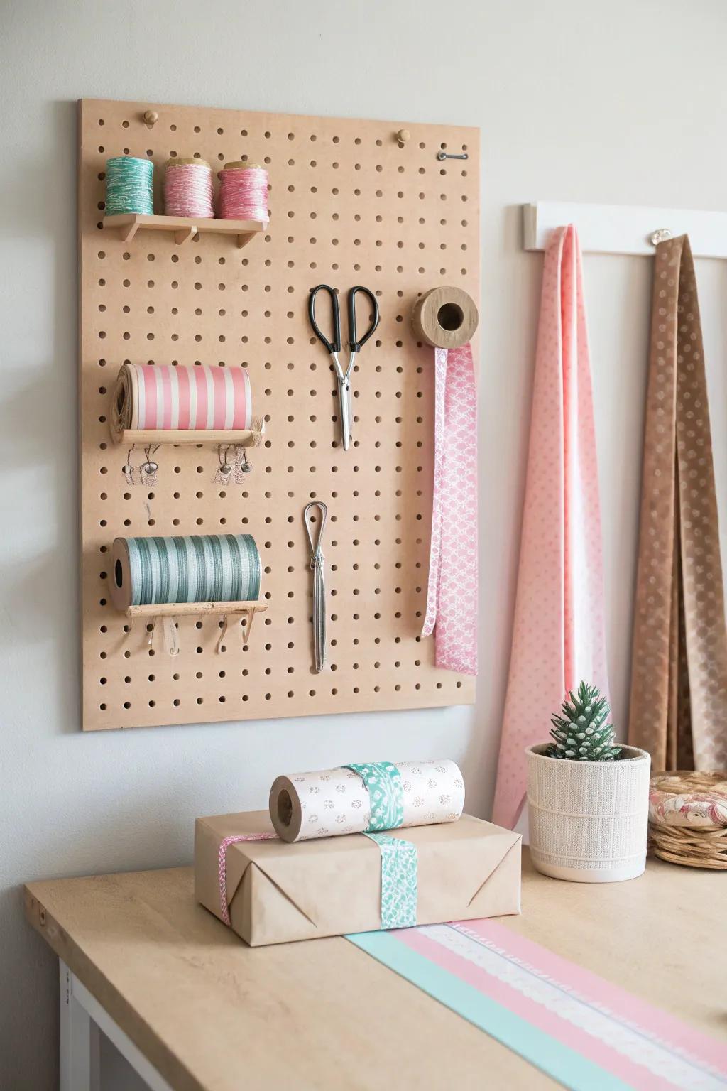 Minimalist pegboard for gift wrapping tools