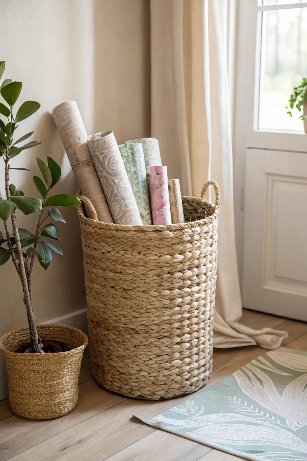 Vertical storage for wrapping paper rolls