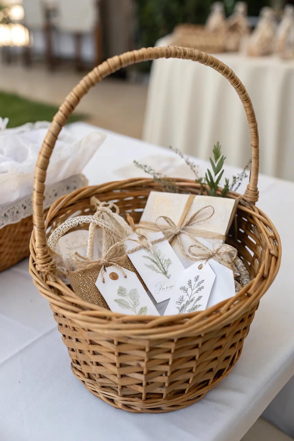 Woven baskets organizing small gift wrapping items