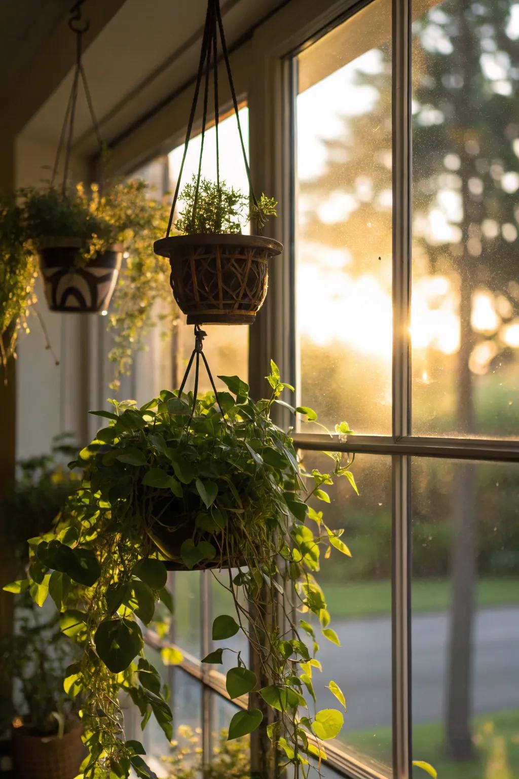 Hanging plants adding vibrancy to the room.