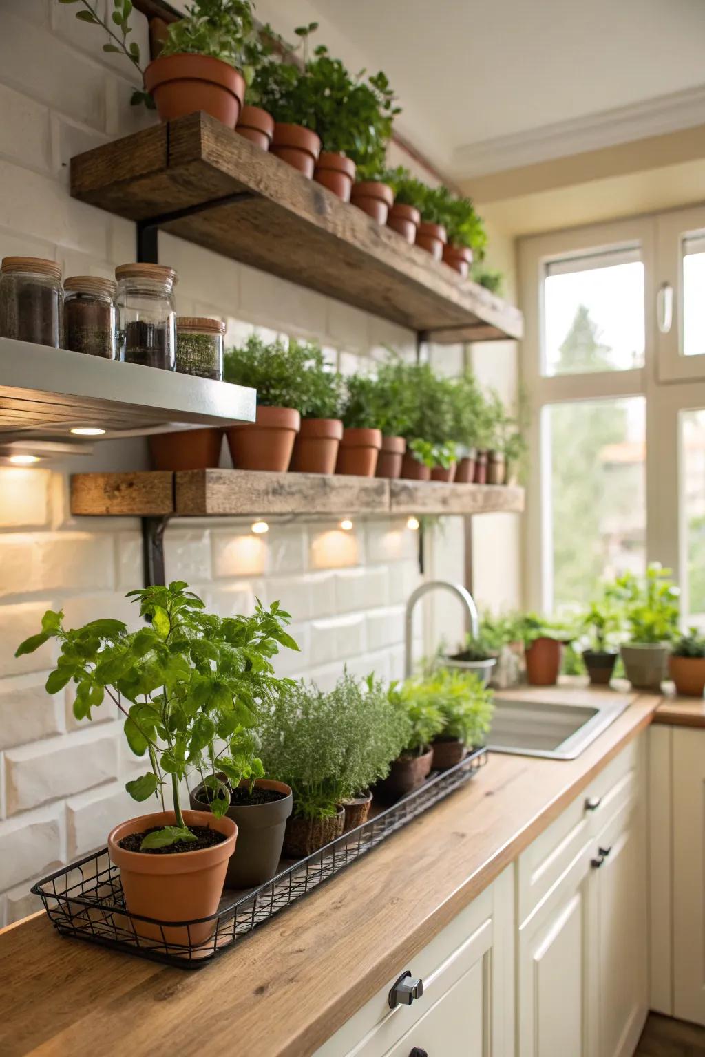 A stylish kitchen plant gallery on floating shelves.