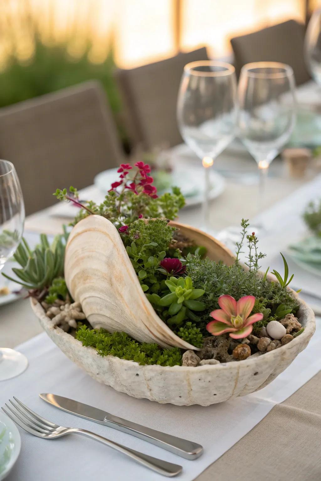 A coastal-themed centerpiece featuring diverse greenery.