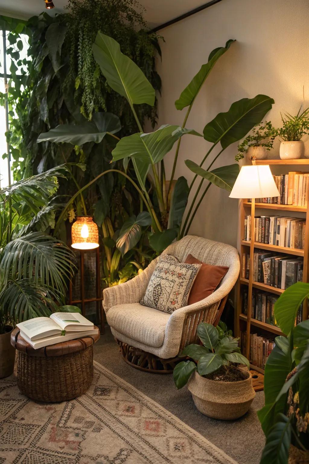 A cozy reading nook surrounded by verdant plants.