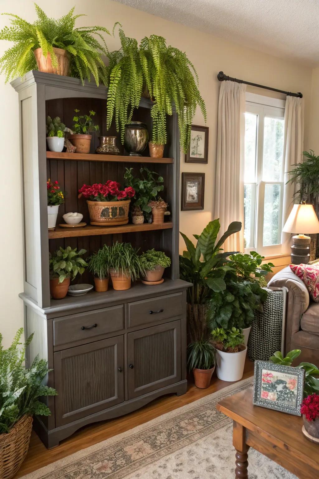 An old hutch transformed into a vibrant plant display.