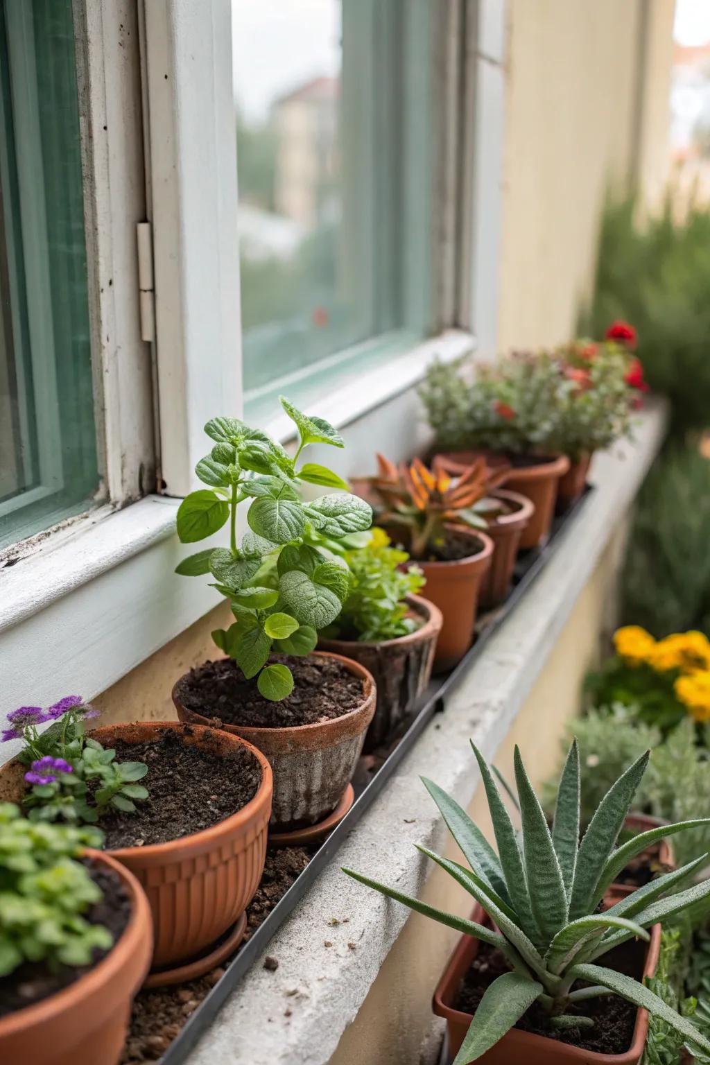 Sunlit window sill adorned with vibrant plants.