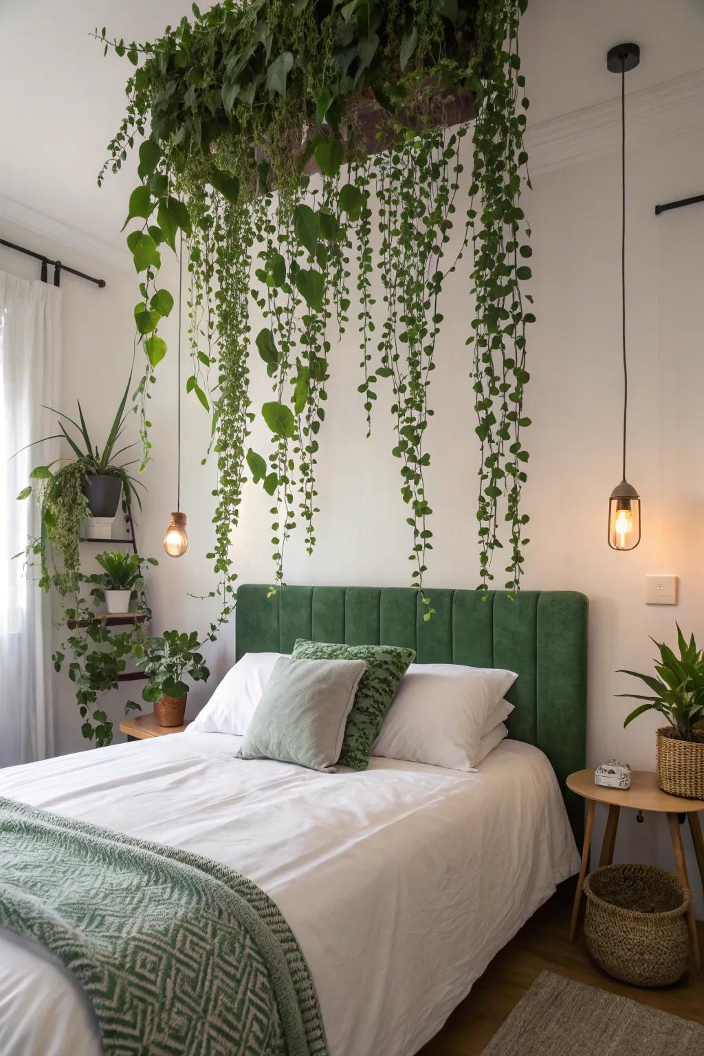 A refreshing headboard adorned with trailing plants.