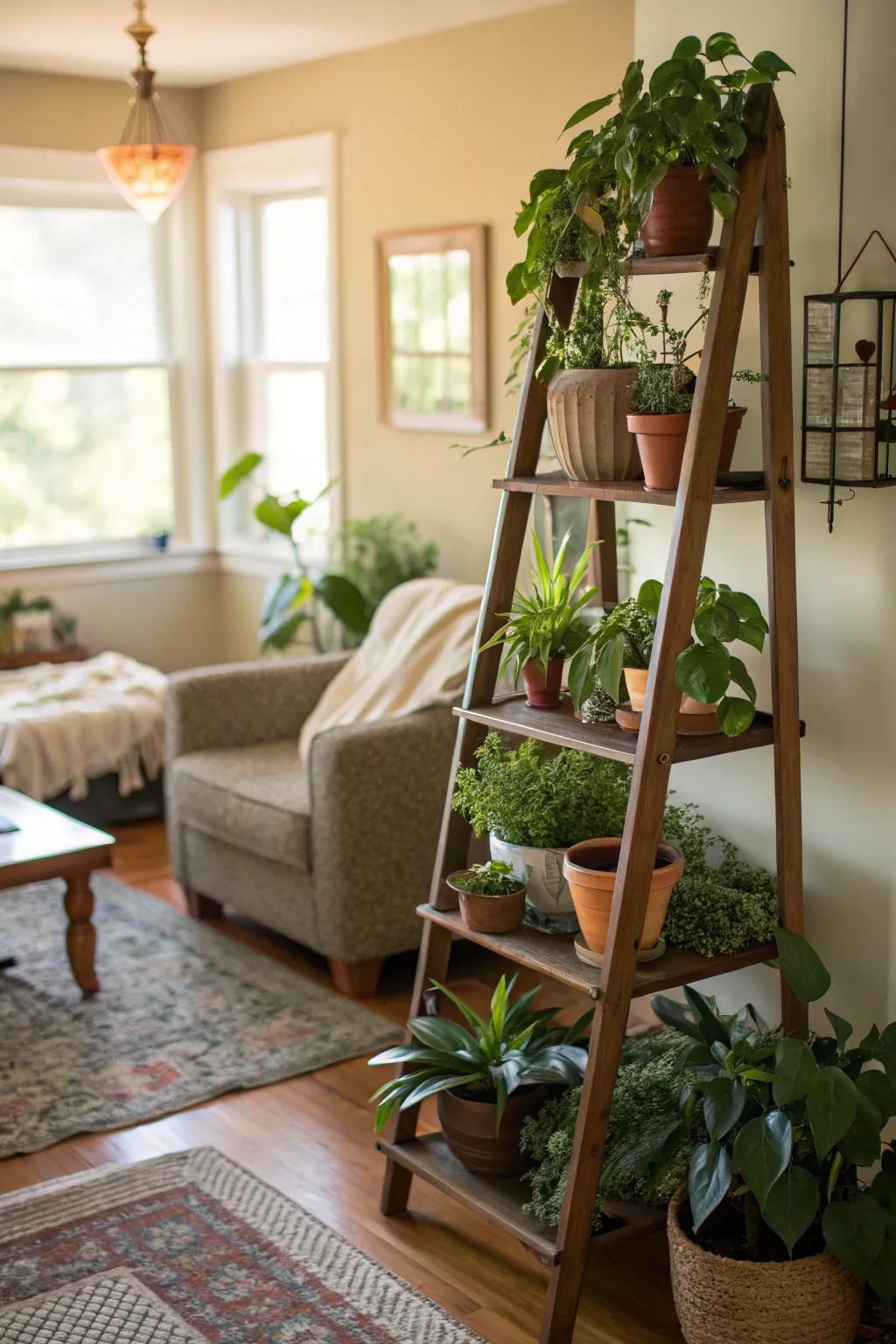 A rustic ladder creatively used as a plant stand.
