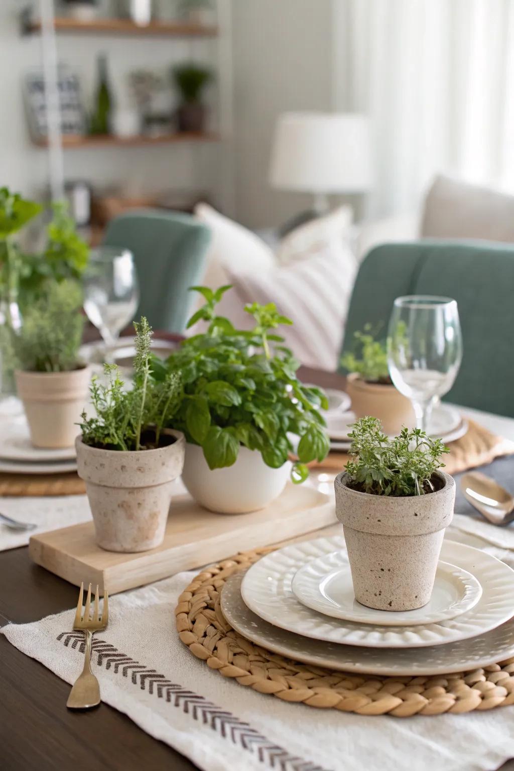 A dining table enhanced with fresh plants.