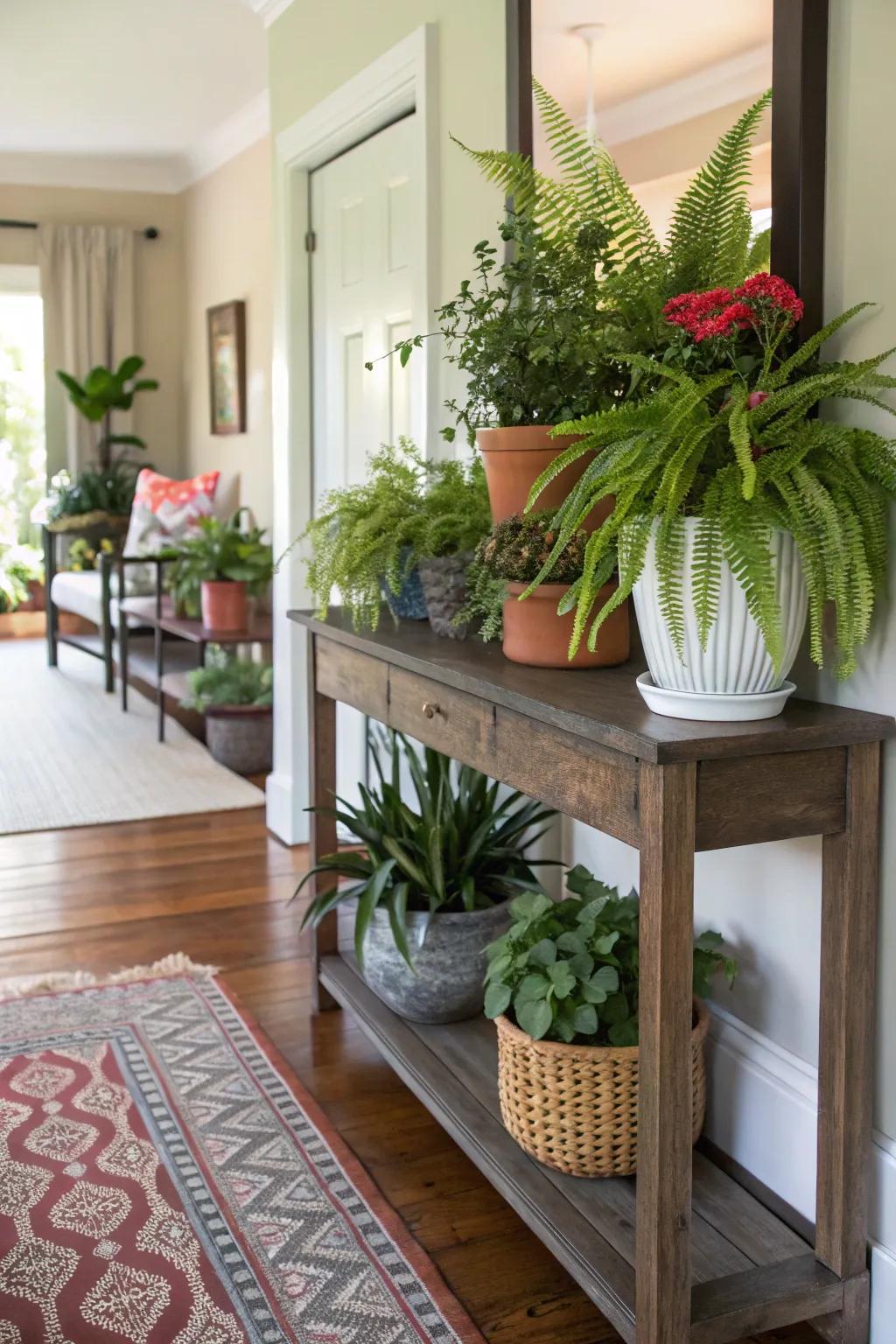 An inviting entryway adorned with lush plants.