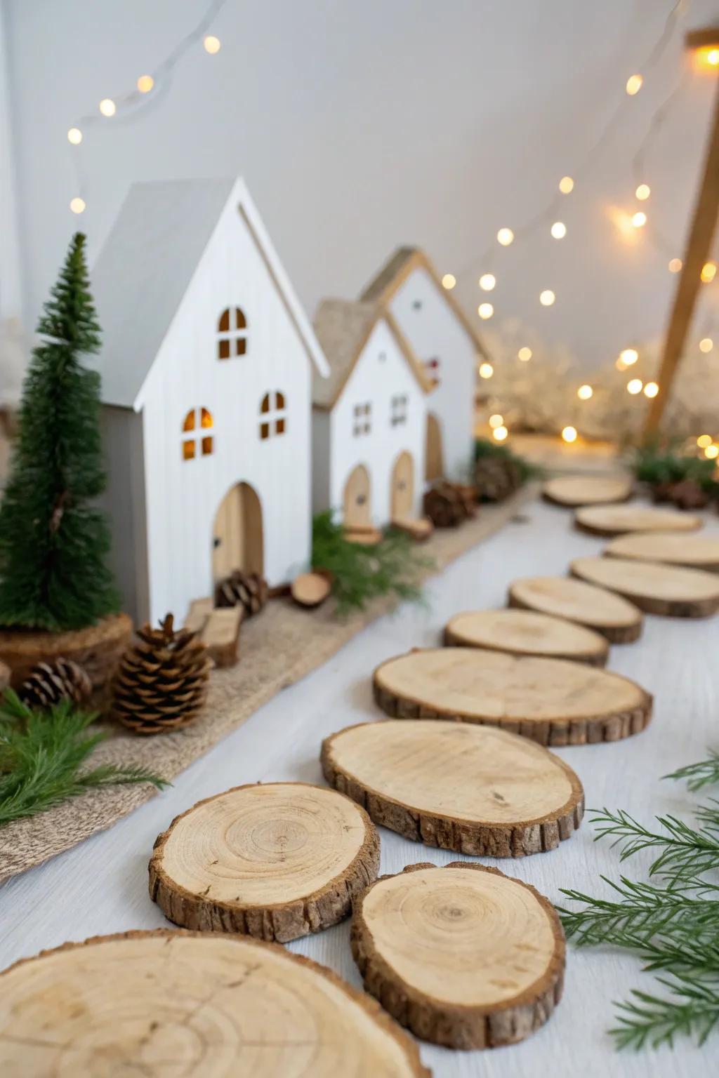 Design rustic Christmas village paths using natural wood slices for a warm, earthy feel.