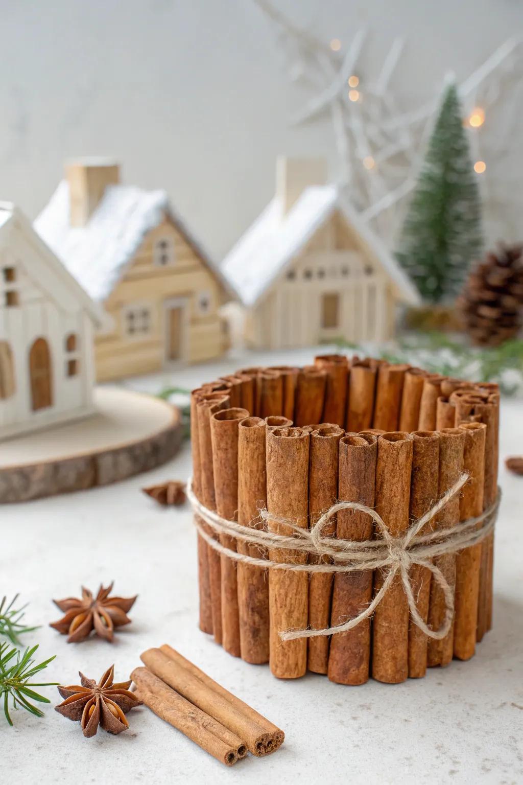 Add warmth and rustic charm with cinnamon stick fences around your Christmas village.