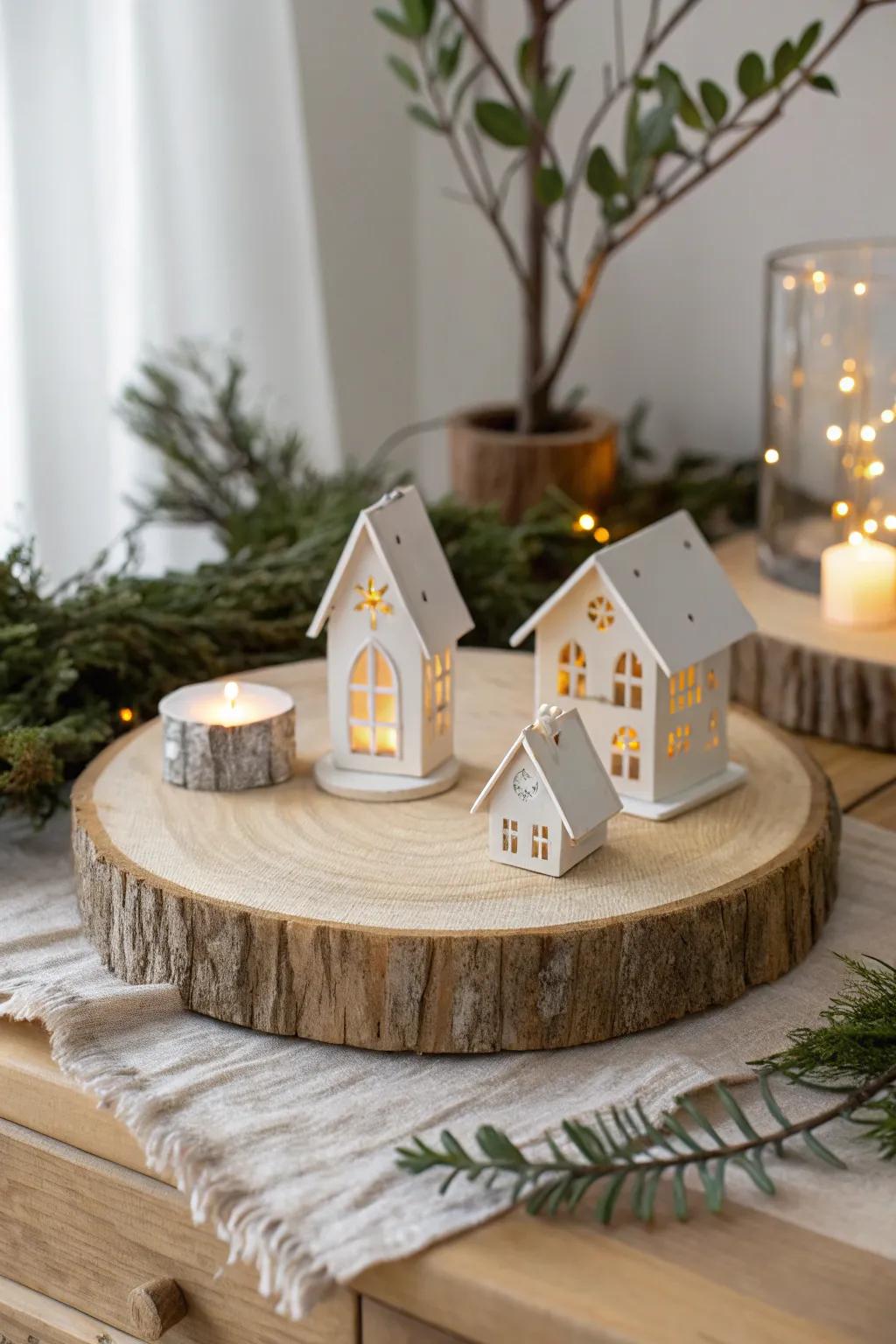Add dimension to your Christmas village with rustic wood platforms for a layered effect.
