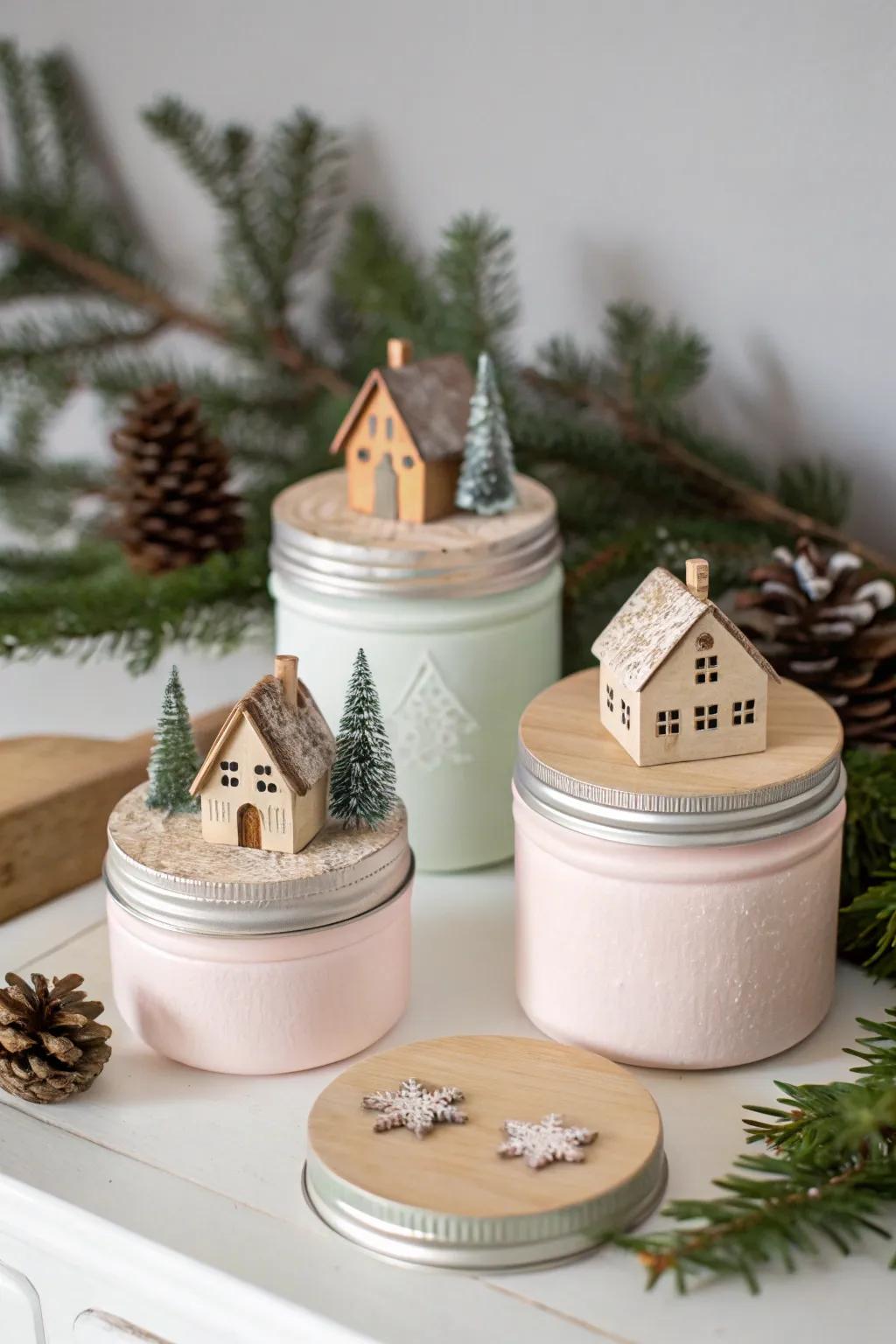 Repurpose jar lids as colorful risers to add dimension to your Christmas village.