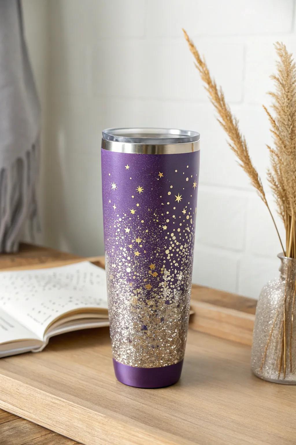 Add festive sparkle with silver and gold glitter fireworks on a purple tumbler.