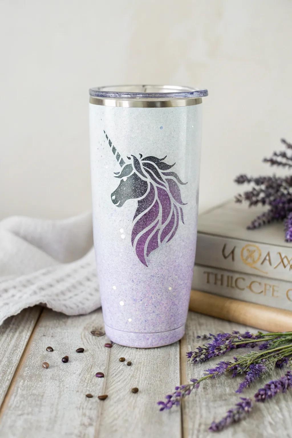 Celebrate fantasy with pastel purple and iridescent glitter on a unicorn-themed tumbler.
