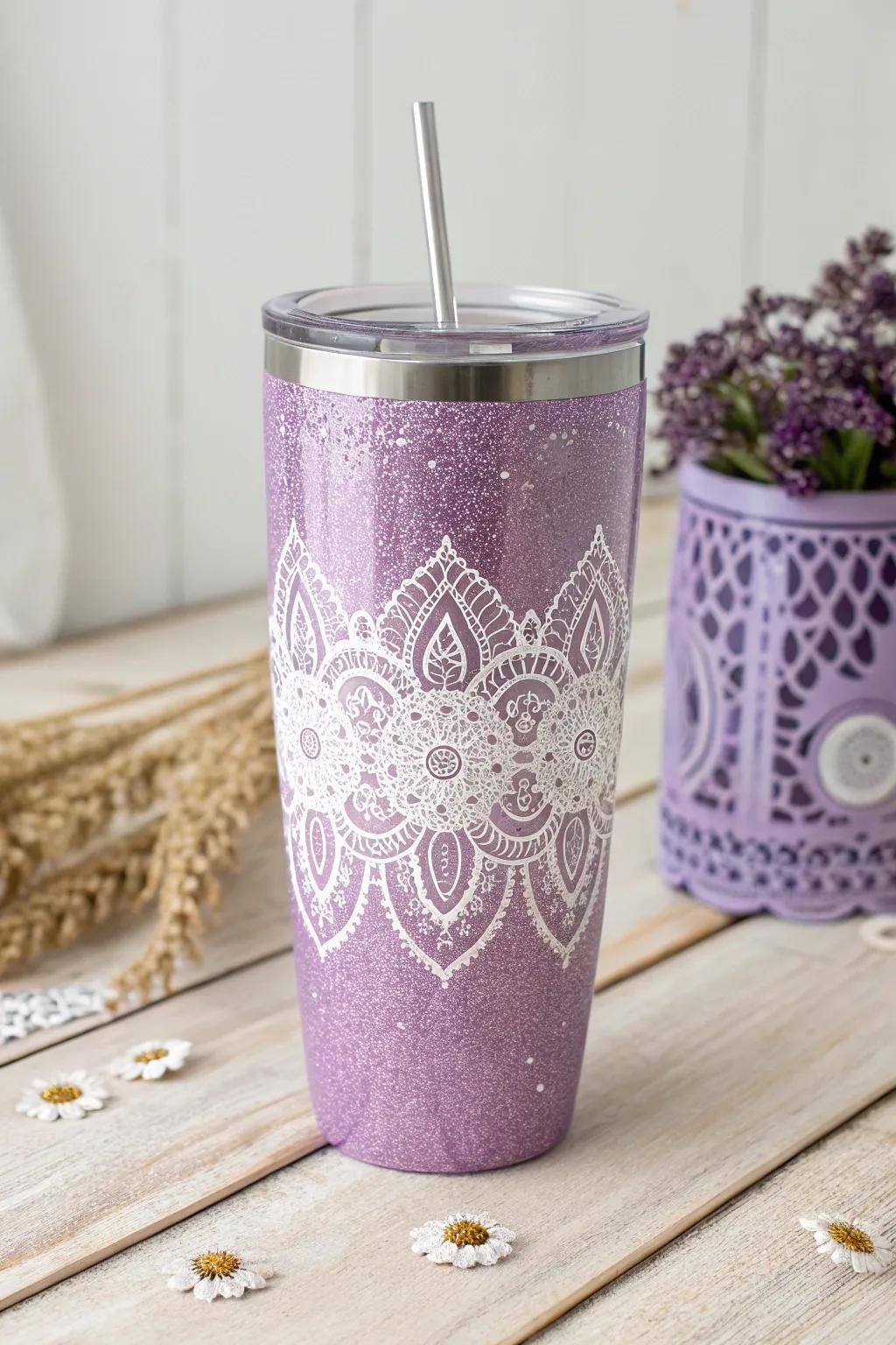 Add vintage charm with a delicate lace stencil over a purple glitter tumbler.