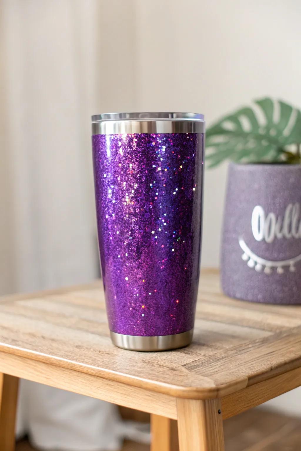 Add a futuristic shimmer with holographic highlights on your purple glitter tumbler.