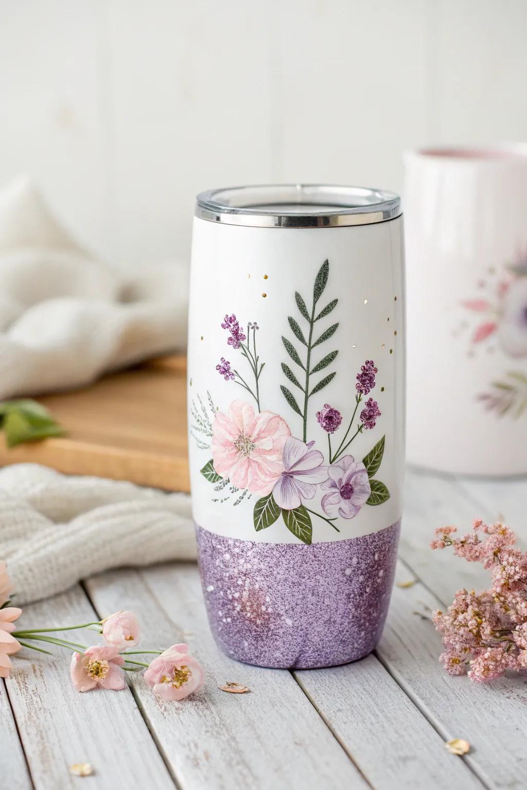 Bring springtime charm with floral glitter accents on your purple tumbler.