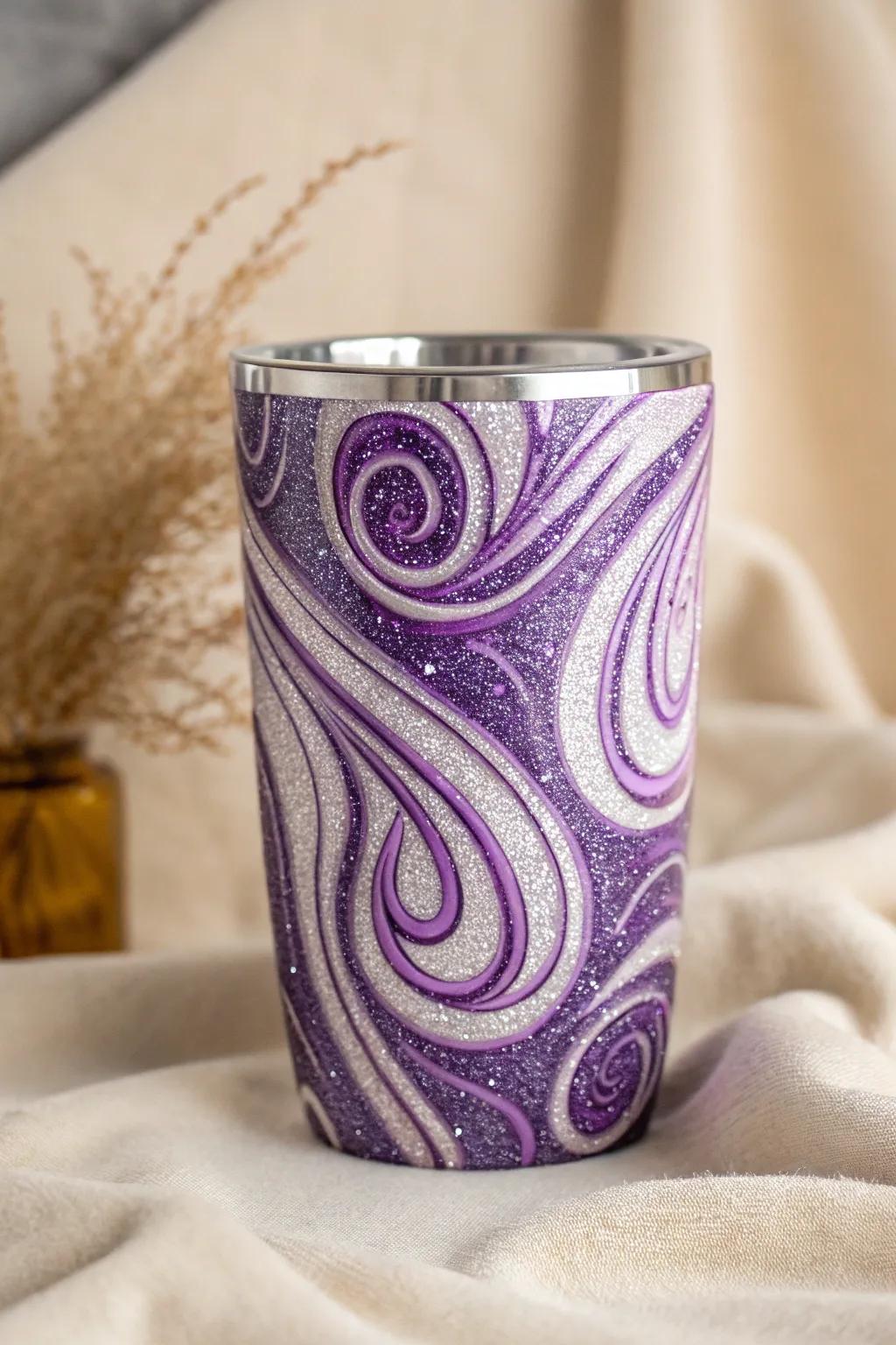 Express creativity with swirling abstract purple glitter designs on your tumbler.