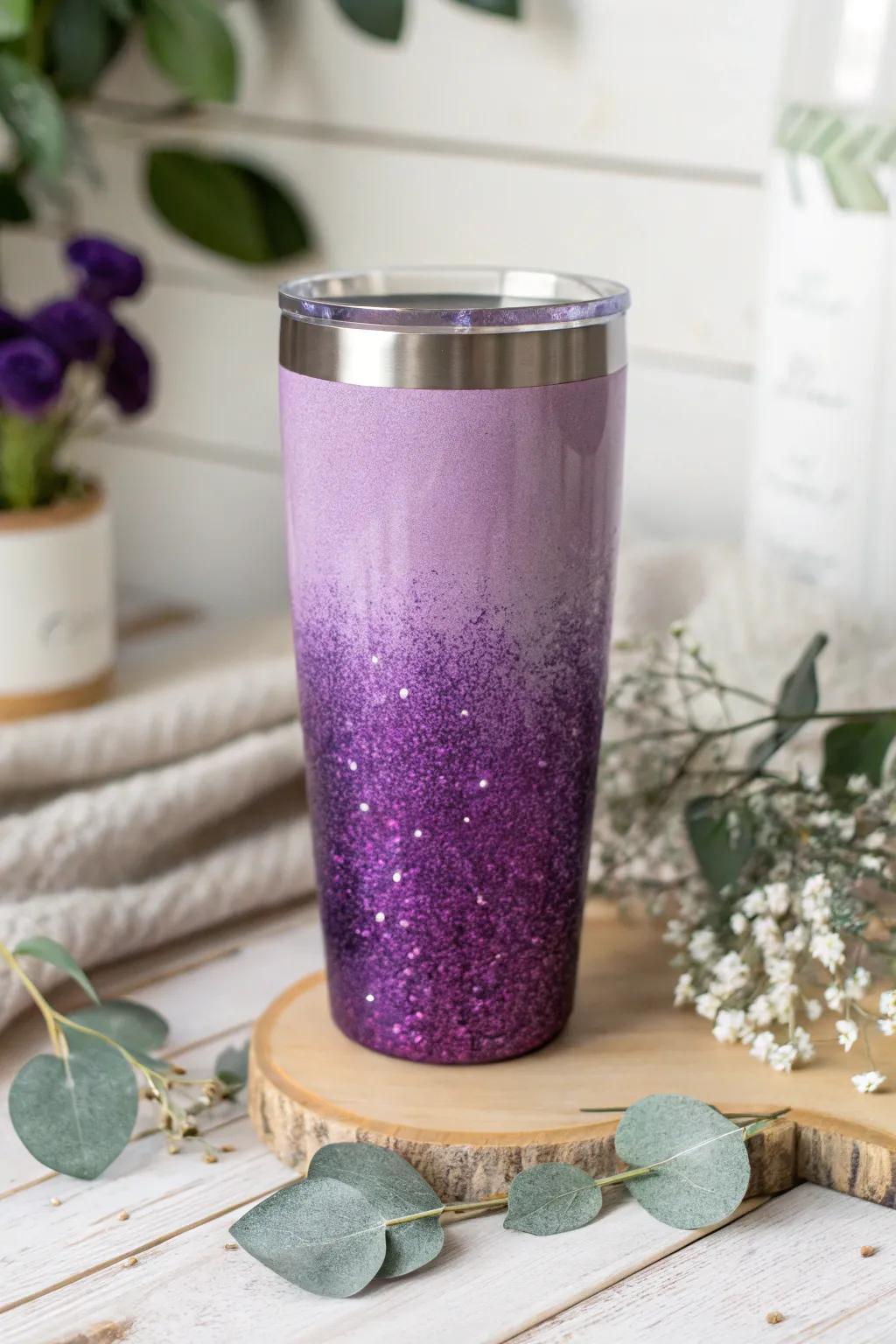 Sophisticated purple ombre tumbler blending deep violet to soft lavender with sparkle.