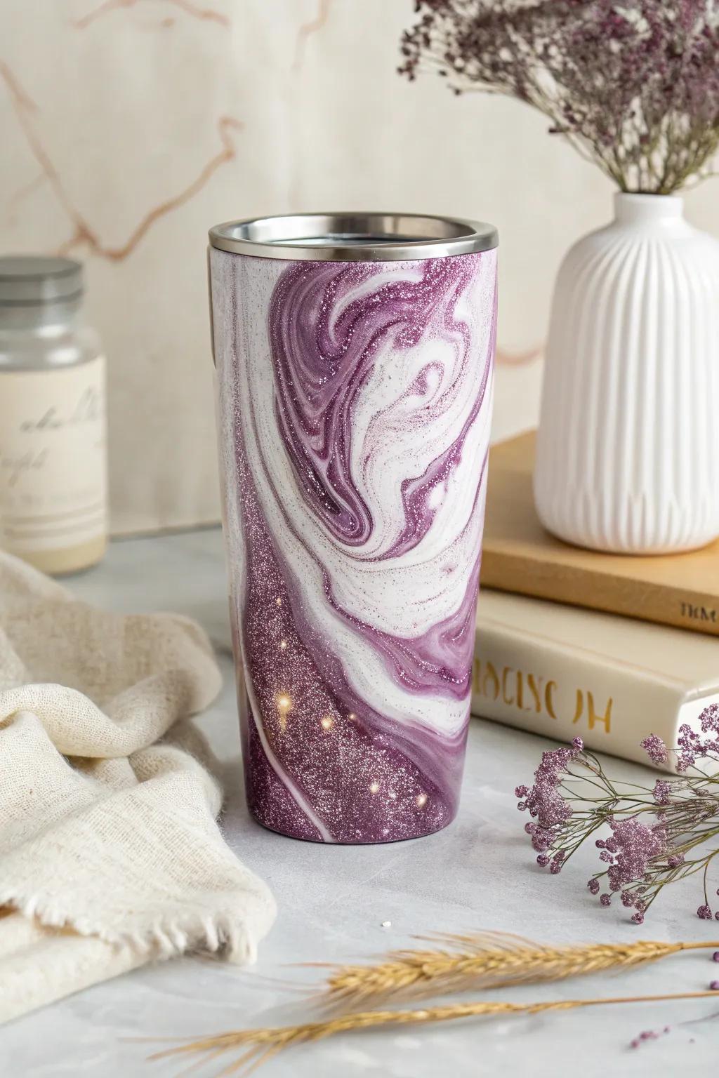 Sophisticated purple and white marble glitter tumbler with a sparkling finish.