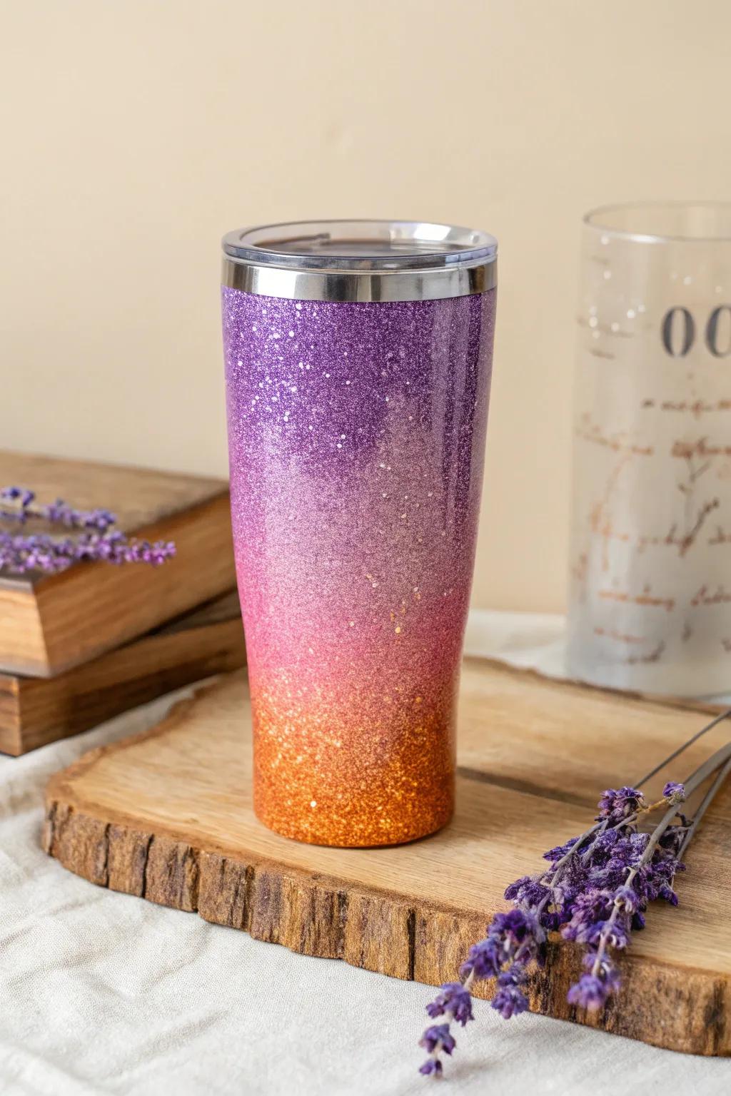 Capture sunset warmth with a purple, pink, and orange ombre glitter tumbler.