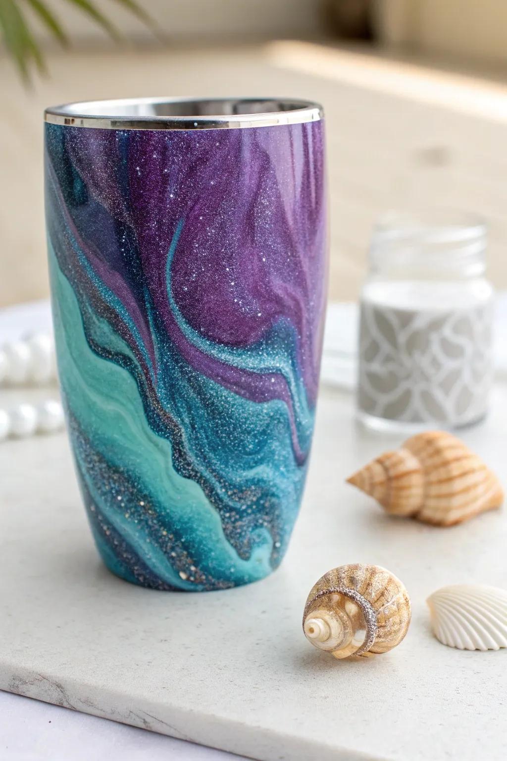 Dive into style with deep purple and aqua blue glitter on an underwater-themed tumbler.