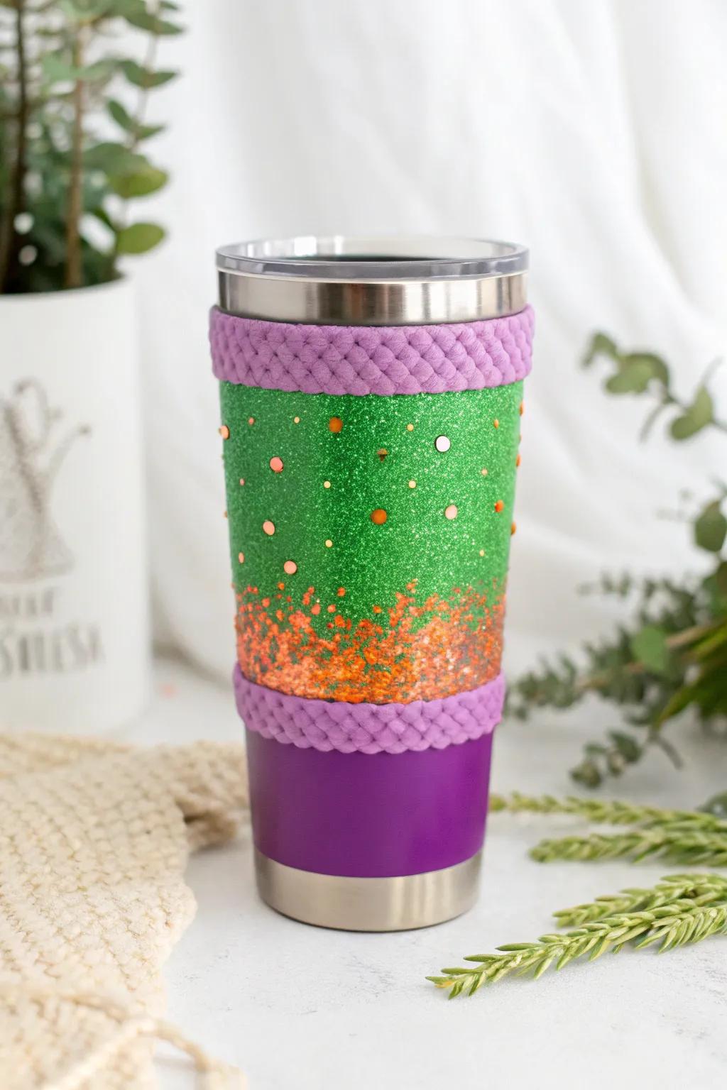 Bring tropical energy with neon purple, green, and orange glitter on your tumbler.