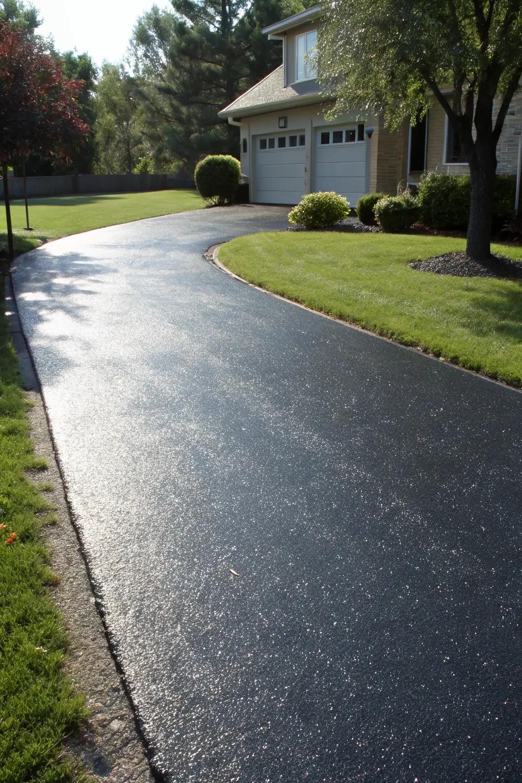 Driveway with a shiny sealed surface.