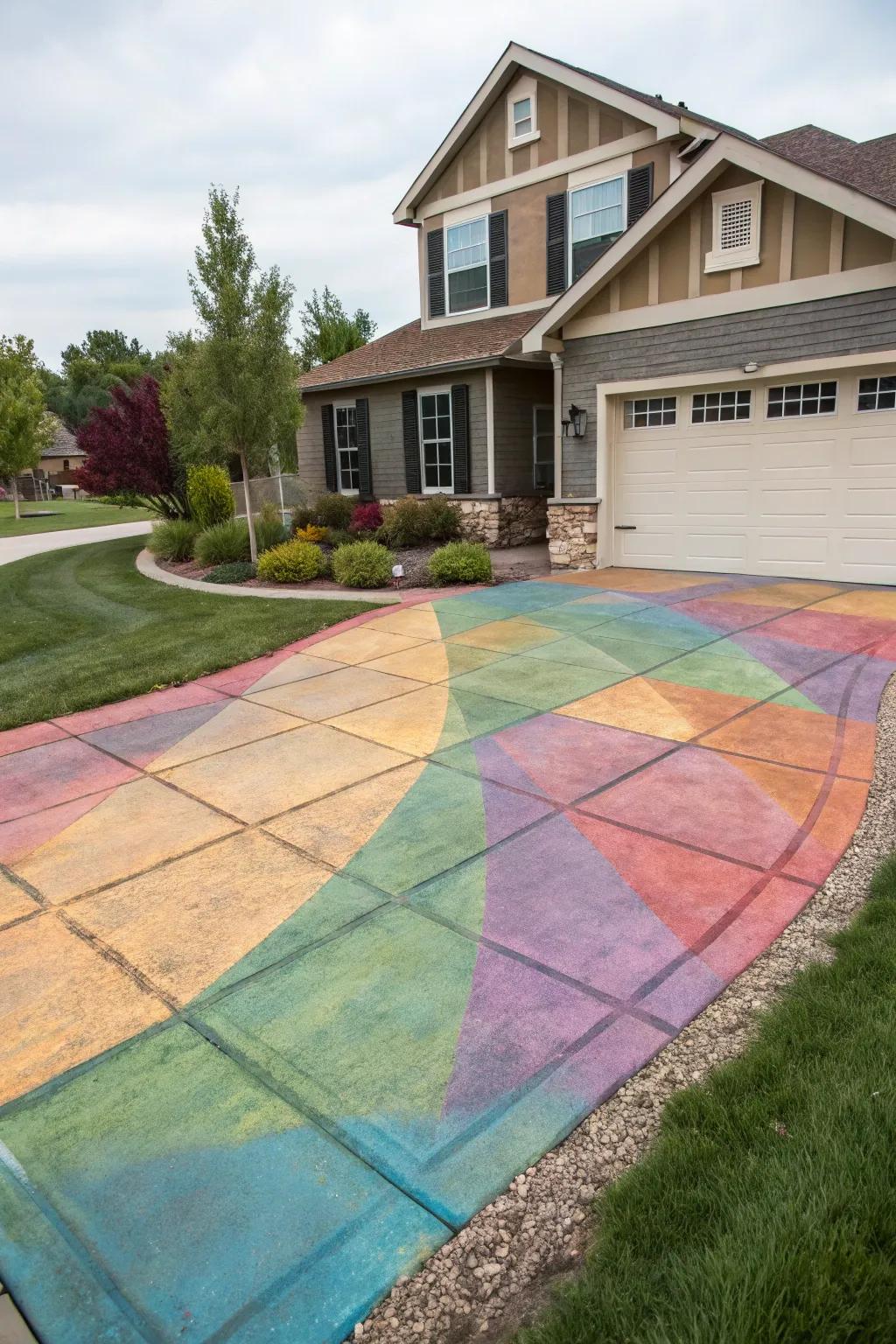 Driveway brightened with colorful concrete stains.