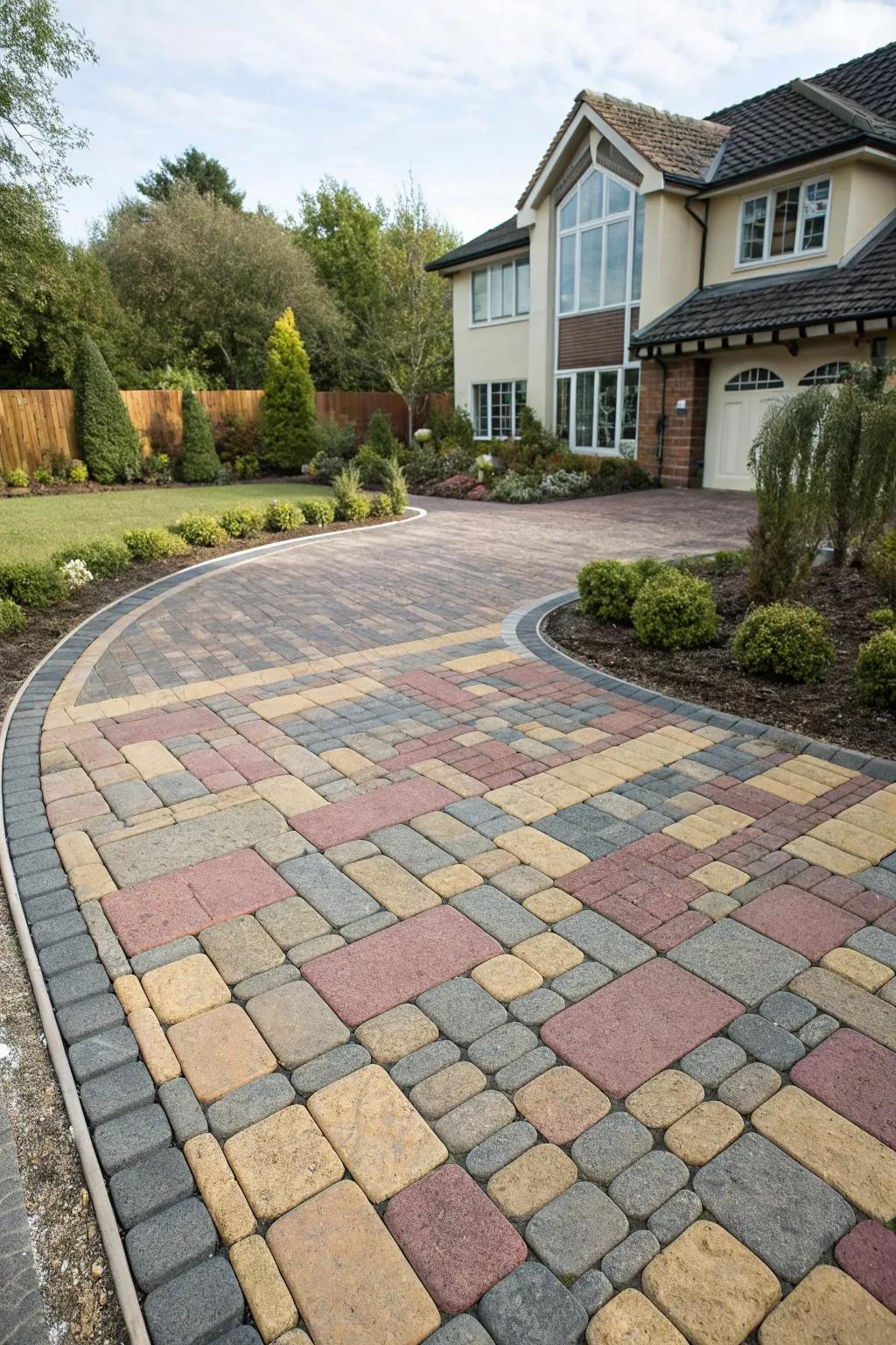 Driveway featuring mixed block paving patterns.